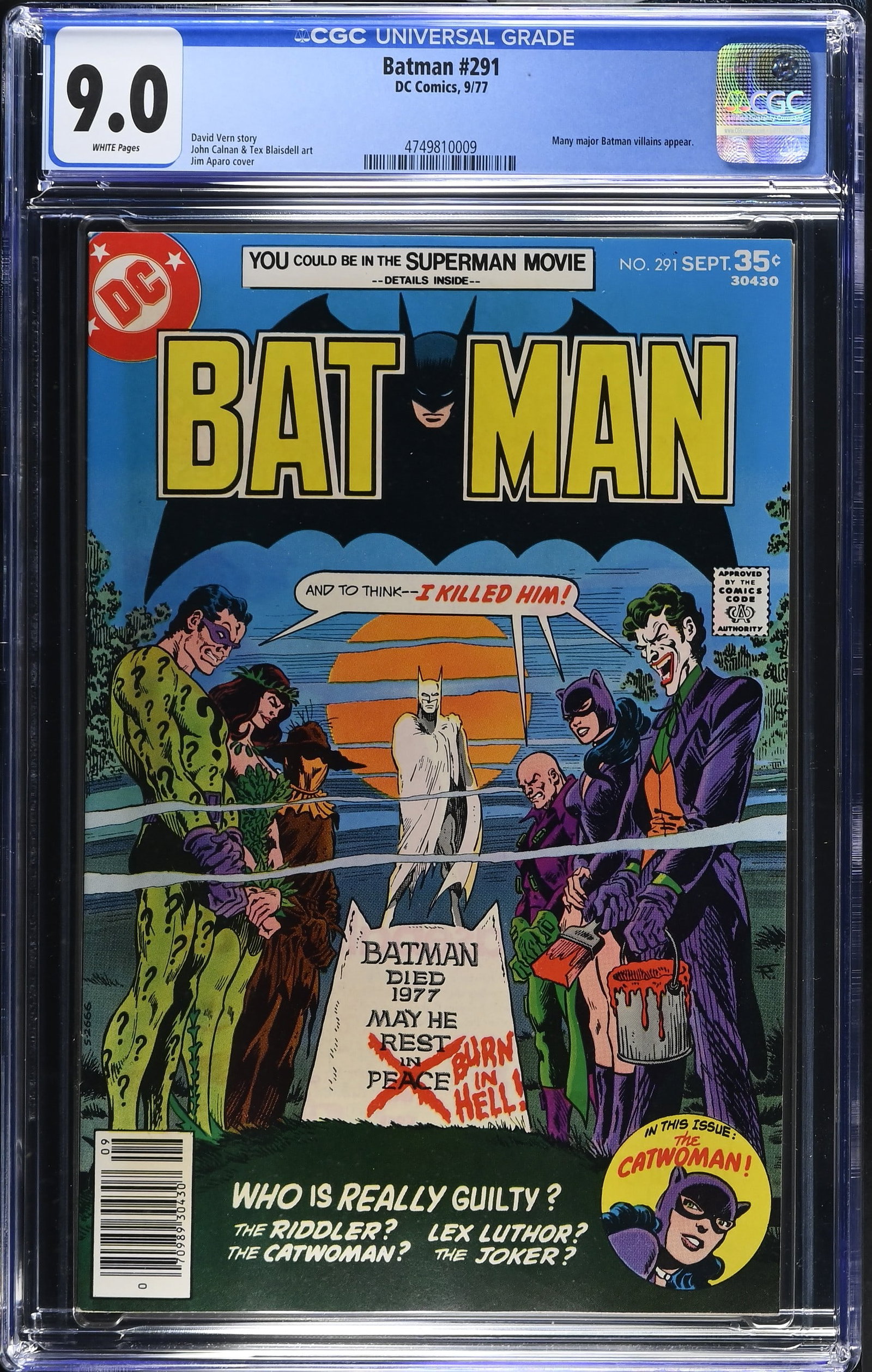Batman #291 CGC 9.0 Iconic Multi-Villain Cover by Jim Aparo (DC Comics, 1977) White Pages: Batman #291 CGC 9.0 Iconic Multi-Villain Cover by Jim Aparo (DC Comics, 1977).Cover art by Jim Aparo. The first installment of the ?Who Killed Batman: Where Were You on the Night Batman Was Killed? st