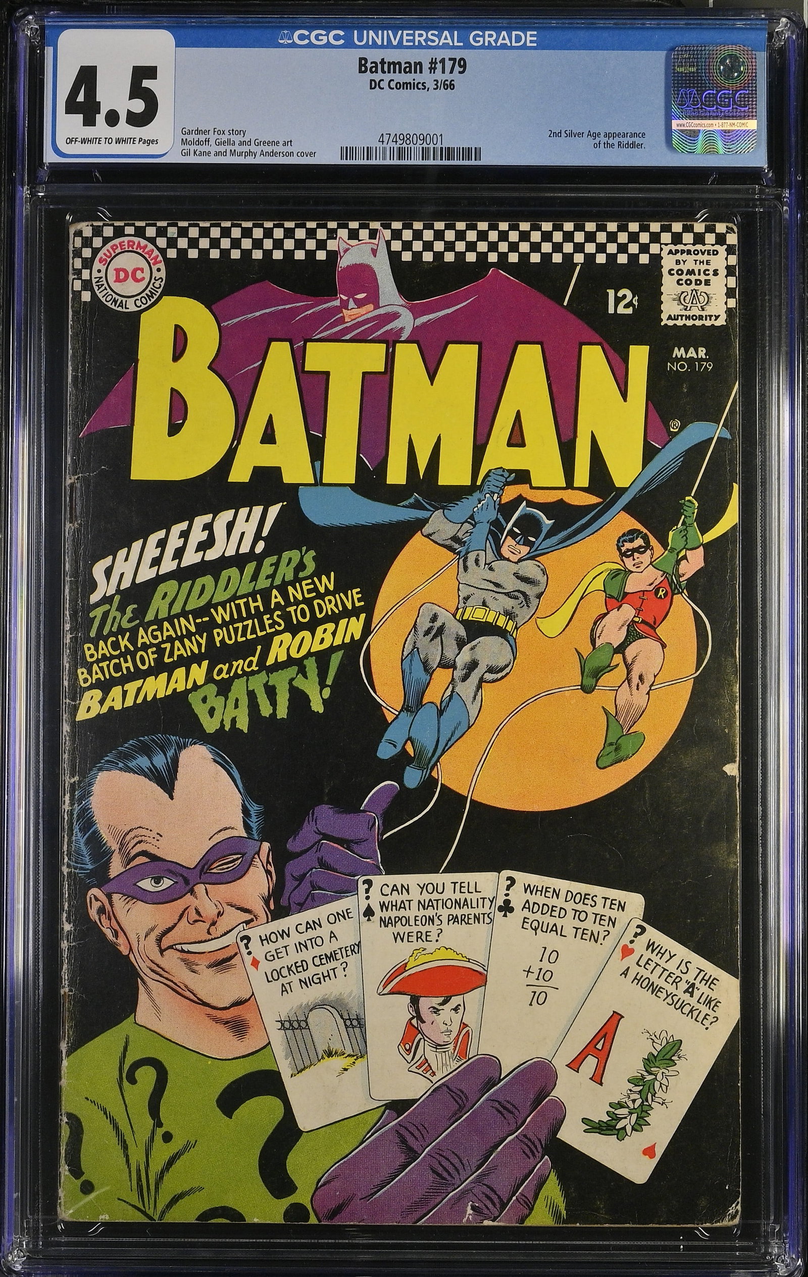 Batman #179 CGC 4.5 2nd Appearance of Silver Age Riddler (DC Comics, 1966) Off-White to White Pages (1 of 2)