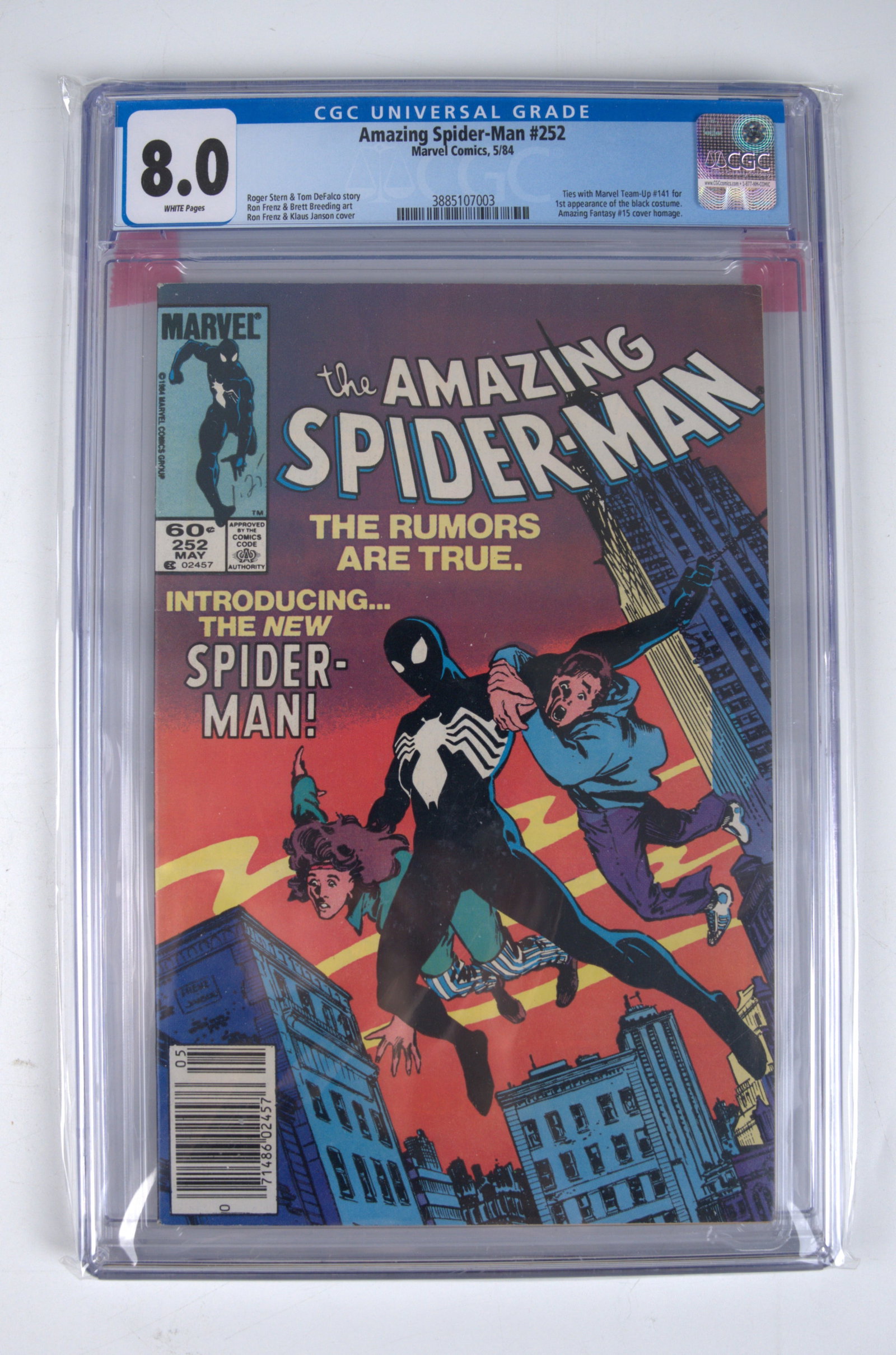 Amazing Spider-Man #252 CGC 8.0 1st Appearance Black Costume (Marvel Comics, 1984) White Pages (1 of 2)