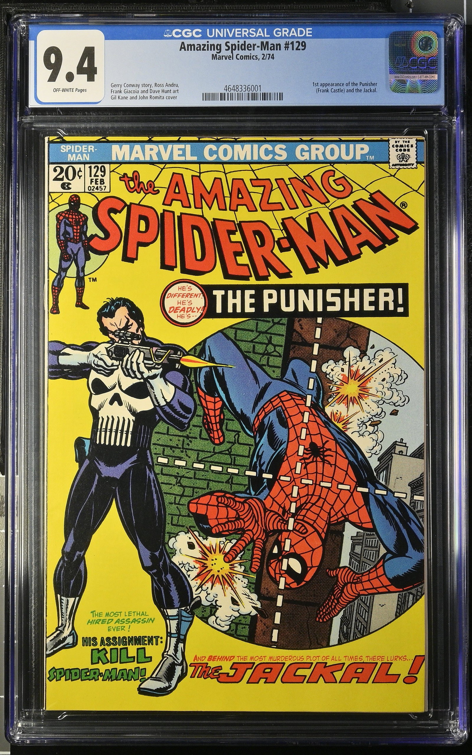 Amazing Spider-Man #129 CGC 9.4 1st Appearance of The Punisher and The Jackal (Marvel Comics, 1974): Amazing Spider-Man #129 CGC 9.4 1st Appearance of The Punisher and The Jackal (Marvel Comics, 1974).Cover by Gil Kane and John Romita.?1st appearances of the Punisher and the Jackal in "The Punisher S