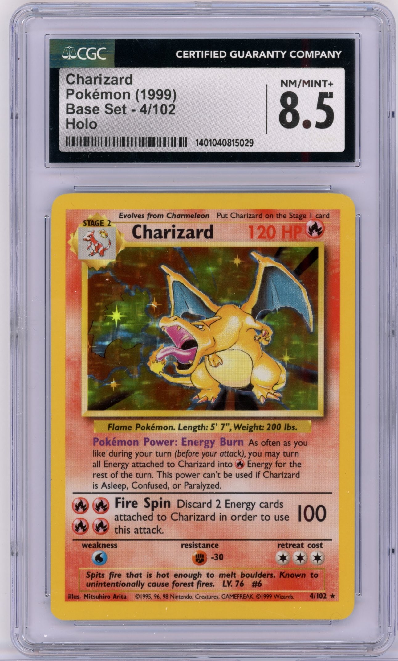 CGC 8.5 Charizard #4 Holo Base Set: Charizard #4 Holo from Base Set, graded NM/MINT+ by CGC.