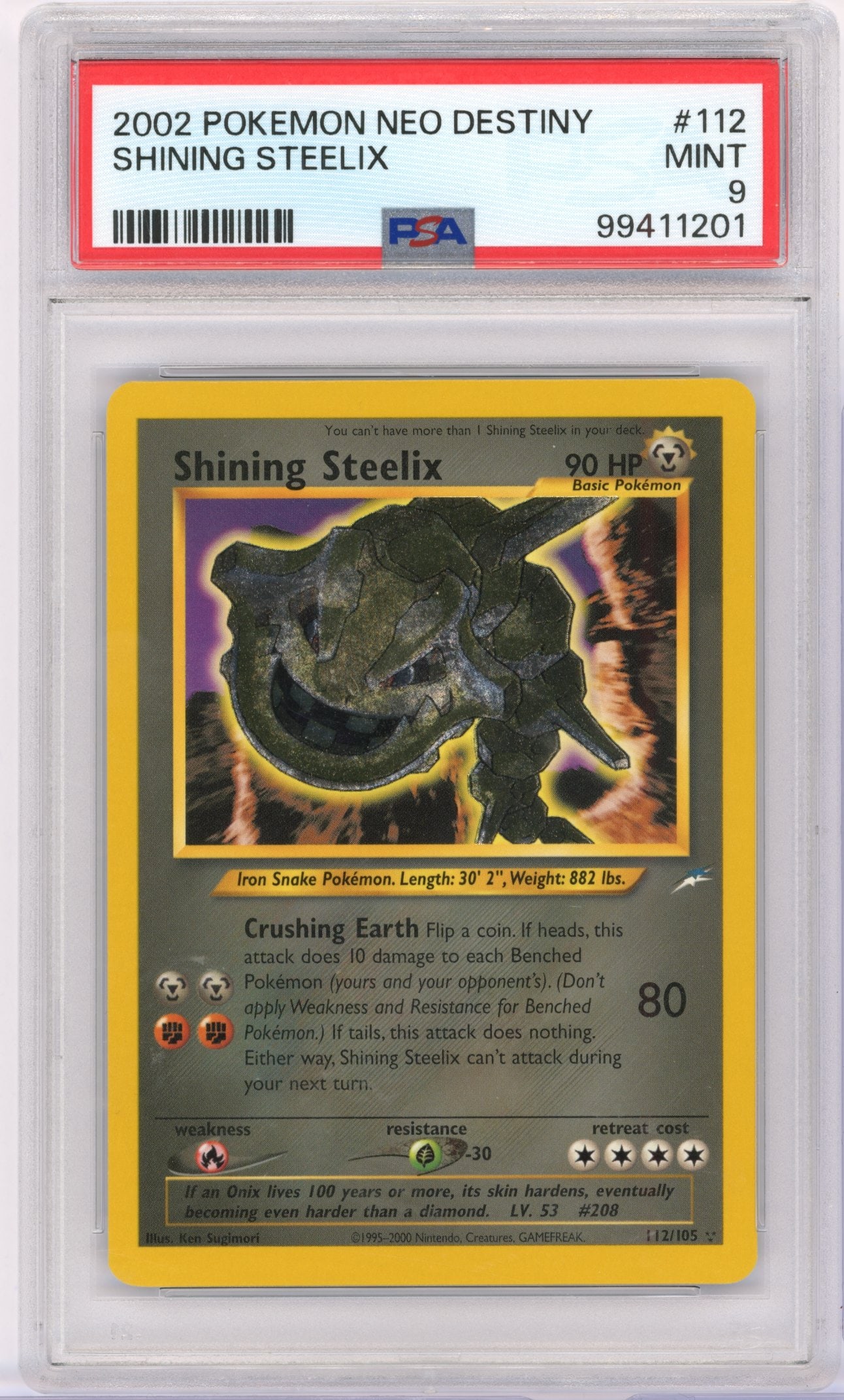 PSA 9 Shining Steelix #112 Holo Neo Destiny: Shining Steelix #112 Holo from the Neo Destiny expansion, graded MINT 9 by PSA.