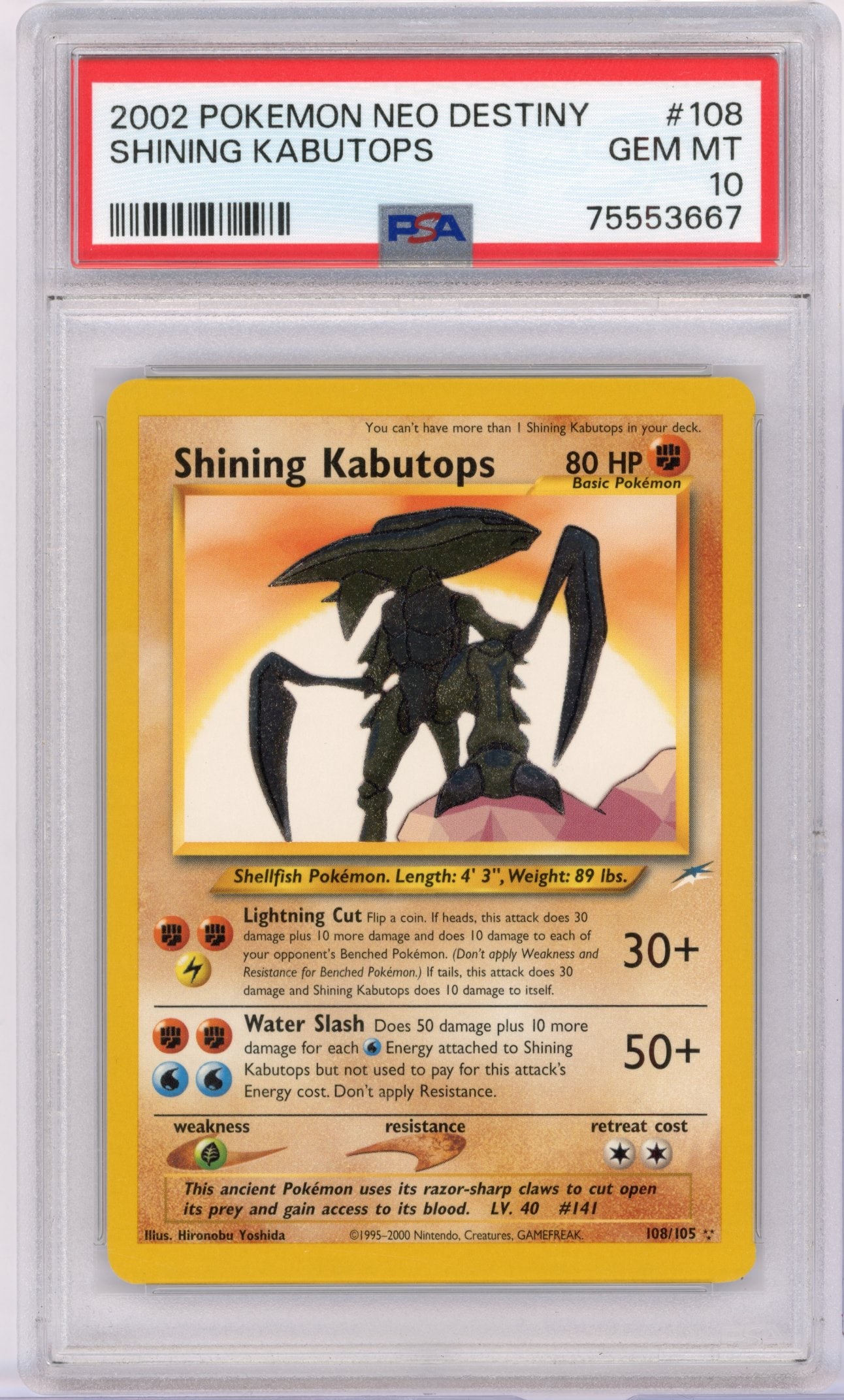PSA 10 Shining Kabutops #108 Holo Neo Destiny: Shining Kabutops #108 Holo from the Neo Destiny expansion, graded GEM MT 10 by PSA.