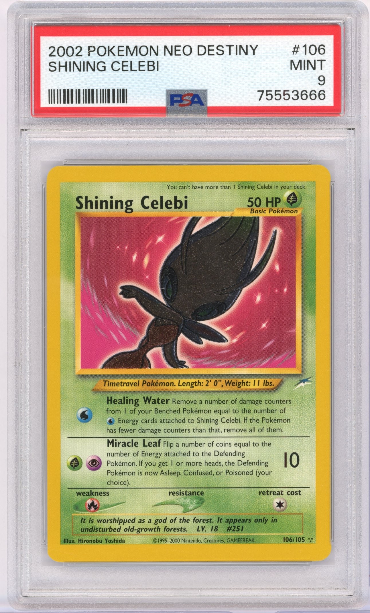 PSA 9 Shining Celebi #106 Holo Neo Destiny: Shining Celebi #106 Holo from the Neo Destiny expansion, graded MINT 9 by PSA.