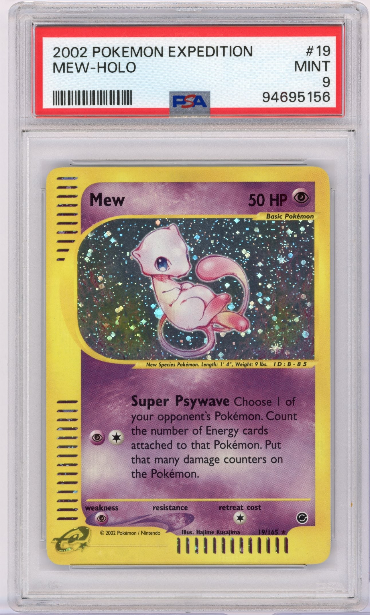 PSA 9 Mew #19 Holo Expedition: Mew #19 Holo from the Expedition expansion, graded MINT 9 by PSA.