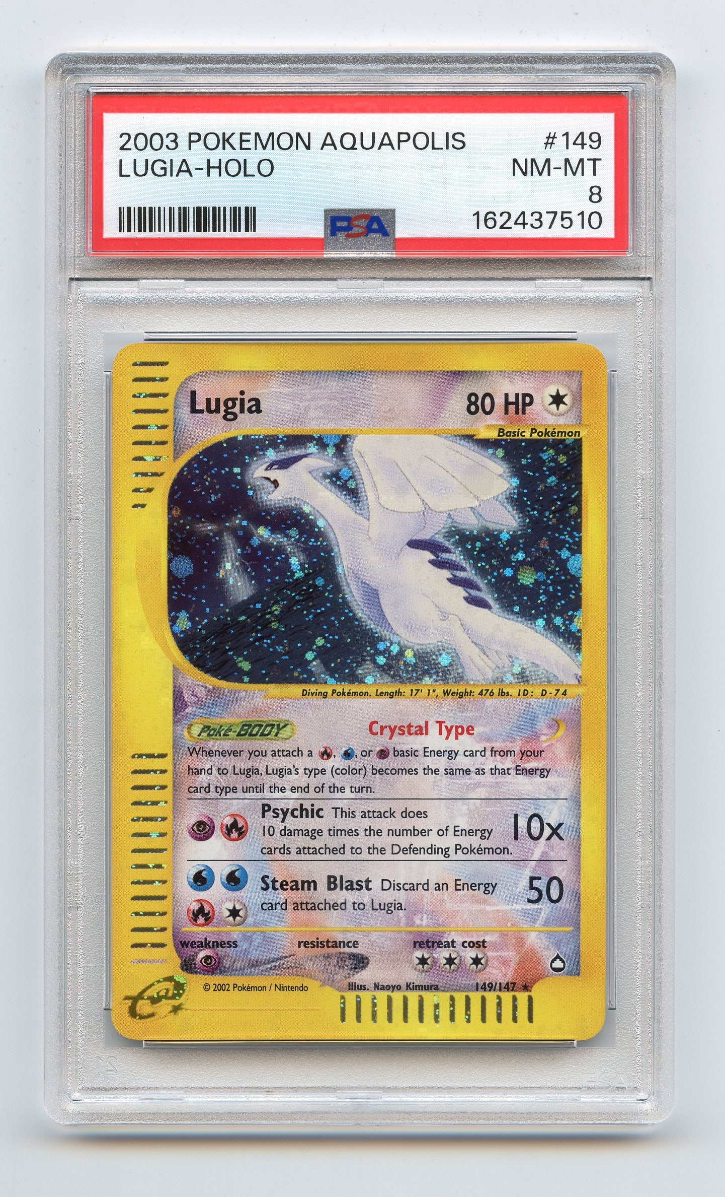 PSA 8 'Crystal' Lugia #149 Holo Aquapolis: Crystal' Lugia #149 holo from Aquapolis (2003), graded NM-MT 8 by PSA. While Skyridge has dominated the attention of many collectors, Aquapolis has quietly become a fan favourite, with many of its ico