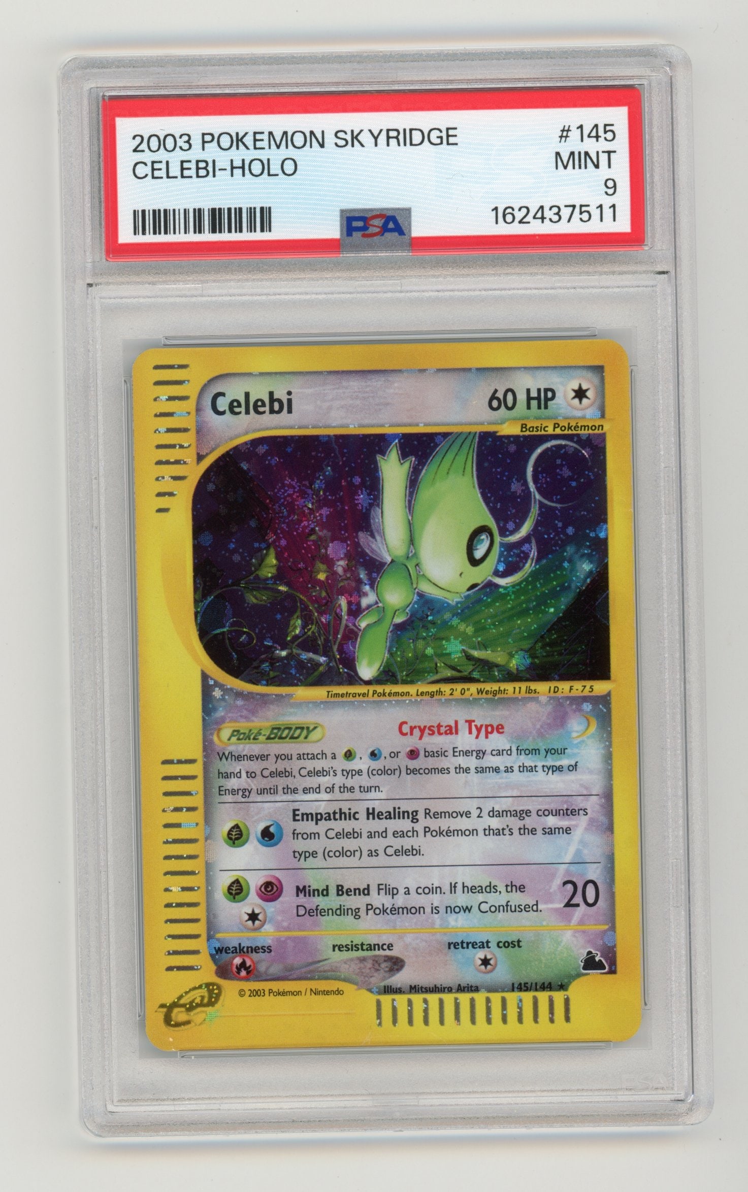PSA 9 'Crystal' Celebi #145 Holo Skyridge: 'Crystal' Celebi #145 holo from Skyridge (2003), graded MINT 9 by PSA.Skyridge has been setting new records consistently over the past few years. Filled with hobby-leading cards, this set contains som