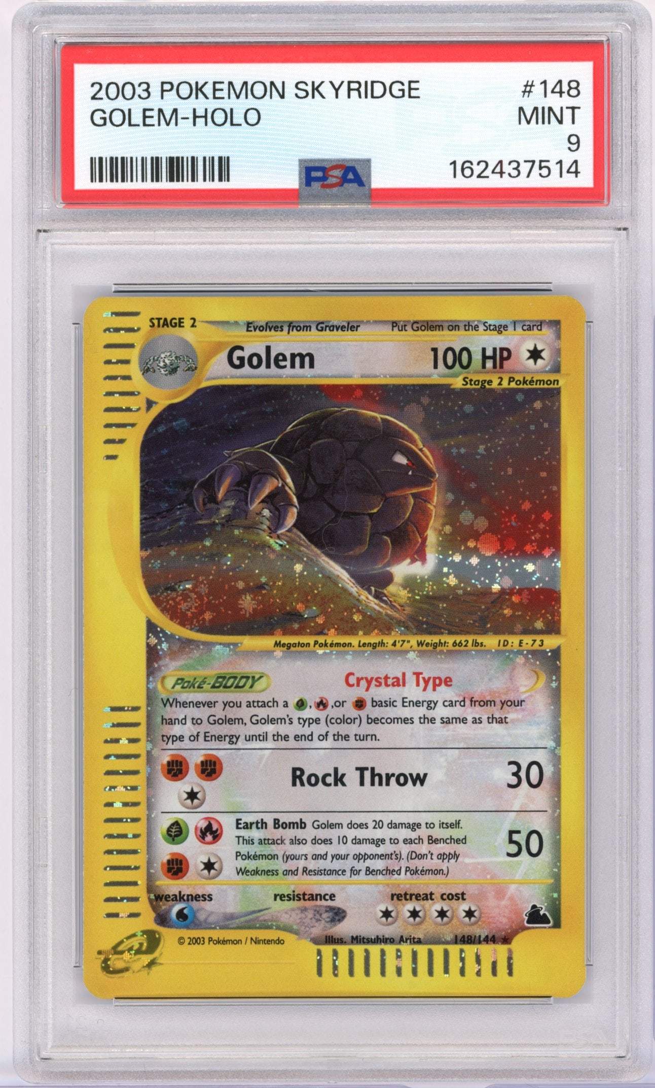 PSA 9 'Crystal' Golem #148 Holo Skyridge: 'Crystal' Golem #148 holo from Skyridge (2003), graded MINT 9 by PSA.Skyridge has been setting new records consistently over the past few years. Filled with hobby-leading cards, this set contains some