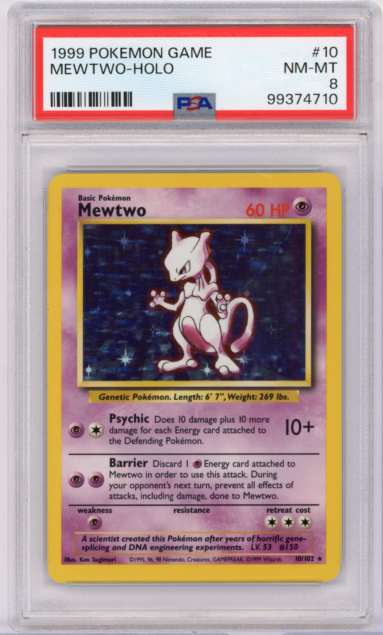 PSA 8 Mewtwo #10 Holo Base Set: Mewtwo #10 Holo from Base Set, graded NM-MT 8 by PSA.