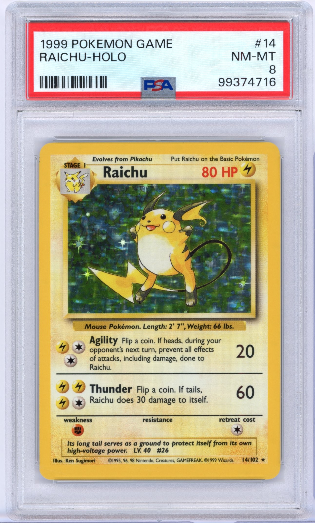 PSA 8 Raichu #14 Holo Base Set: Raichu #14 Holo from Base Set, graded NM-MT 8 by PSA.