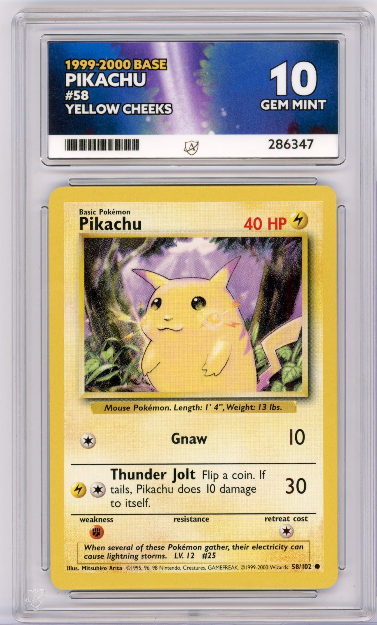 ACE 10 Pikachu #58 Yellow Cheeks Base Set (4th Print 1999-2000): Pikachu #58 Yellow Cheeks from Base Set, with the?1999-2000 date and lighter colouration of the ?4th print?, graded GEM MINT 10 by ACE.