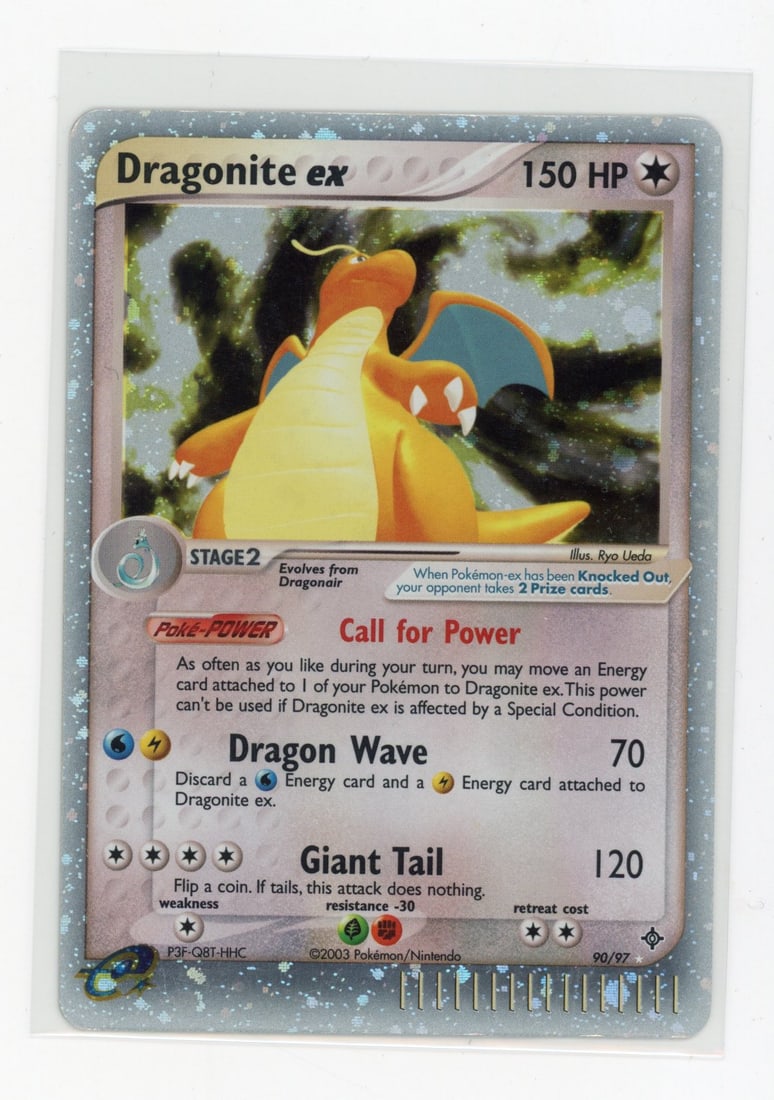 Dragonite ex #90 Holo EX Dragon - HP: Dragonite ex #90 holo from the EX Dragon expansion, in Heavily Played condition with some surface damage and minor creasing.