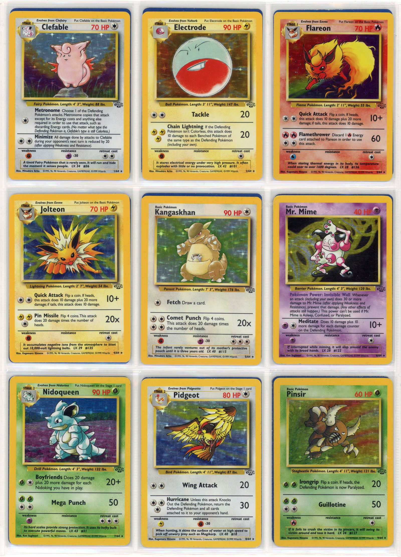 Jungle Complete Set - Avg. Condition LP: A complete set of the Jungle expansion, Pokemon's second main expansion released June 16, 1999. This set has all 64/64 cards, with the average condition falling around the Light Play range, with some 