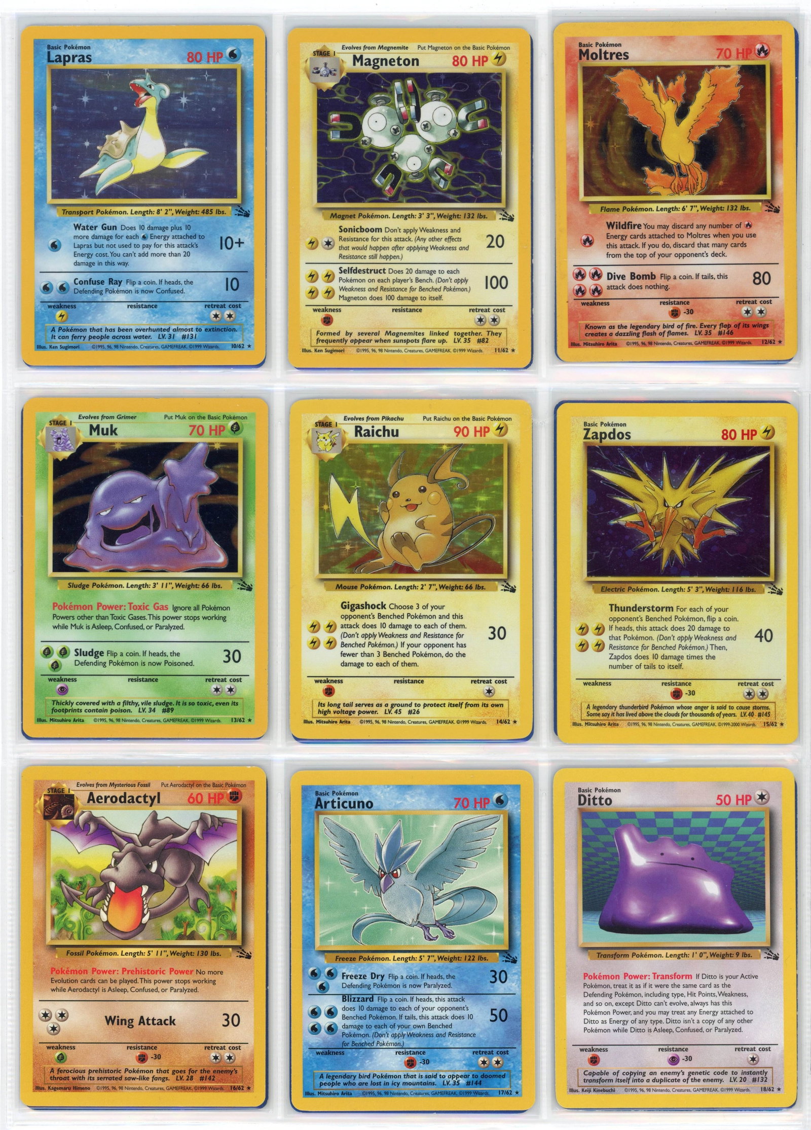 Fossil Complete Set - Avg. Condition LP: A complete set of the Fossil expansion, Pokemon's third main expansion, released October 10, 1999. This set has all 62/62 cards, with the average condition falling around the Light Play range, with so