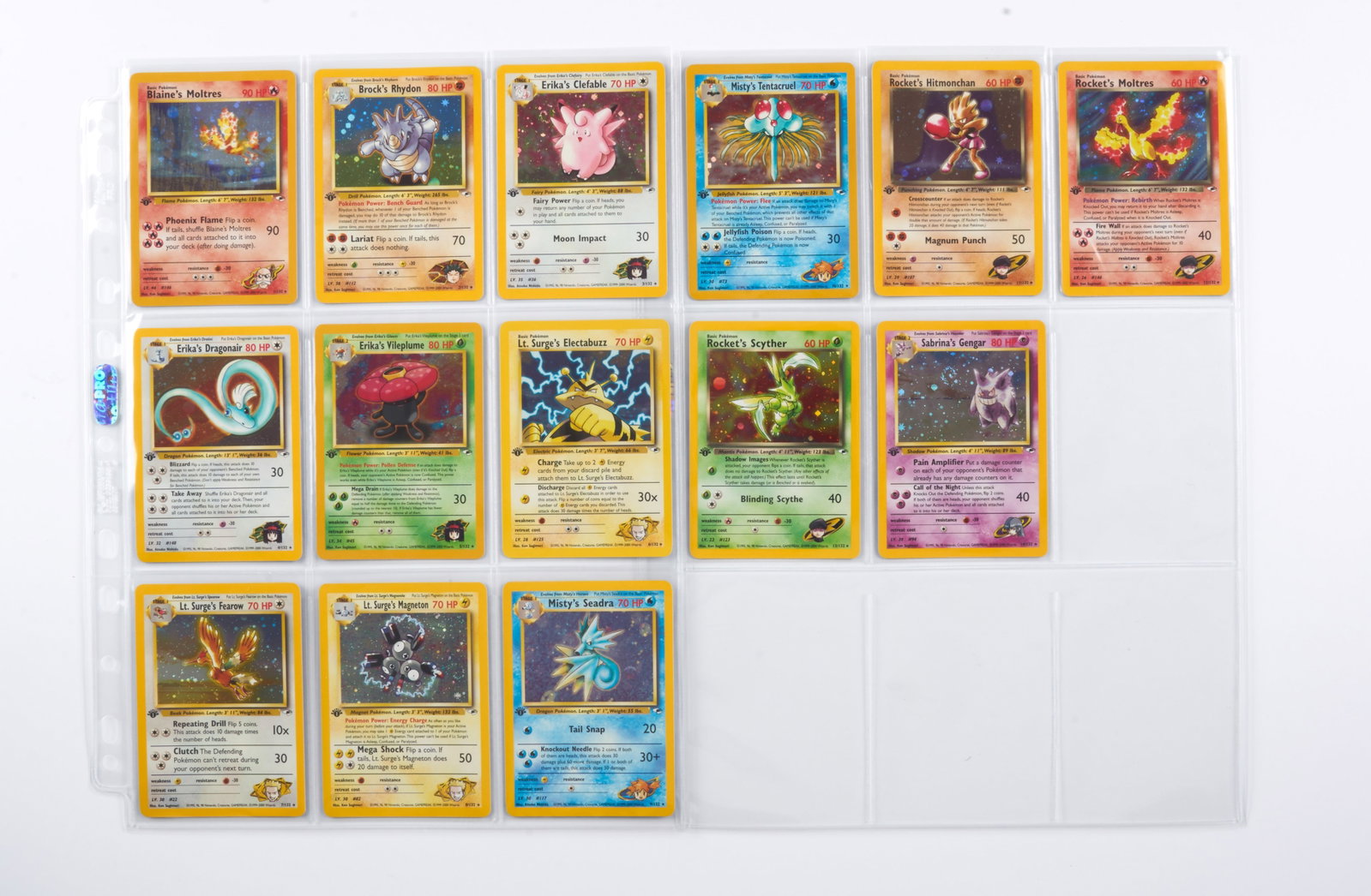 Gym Heroes 1st Edition 132/132 Complete Set - Avg. Condition NM: This lot features all 132/132 cards from the Gym Heroes 1st Edition printing, the sixth main expansion released August 14, 2000.This includes the incredible holos, all in 1st Edition: Blaine's Moltres