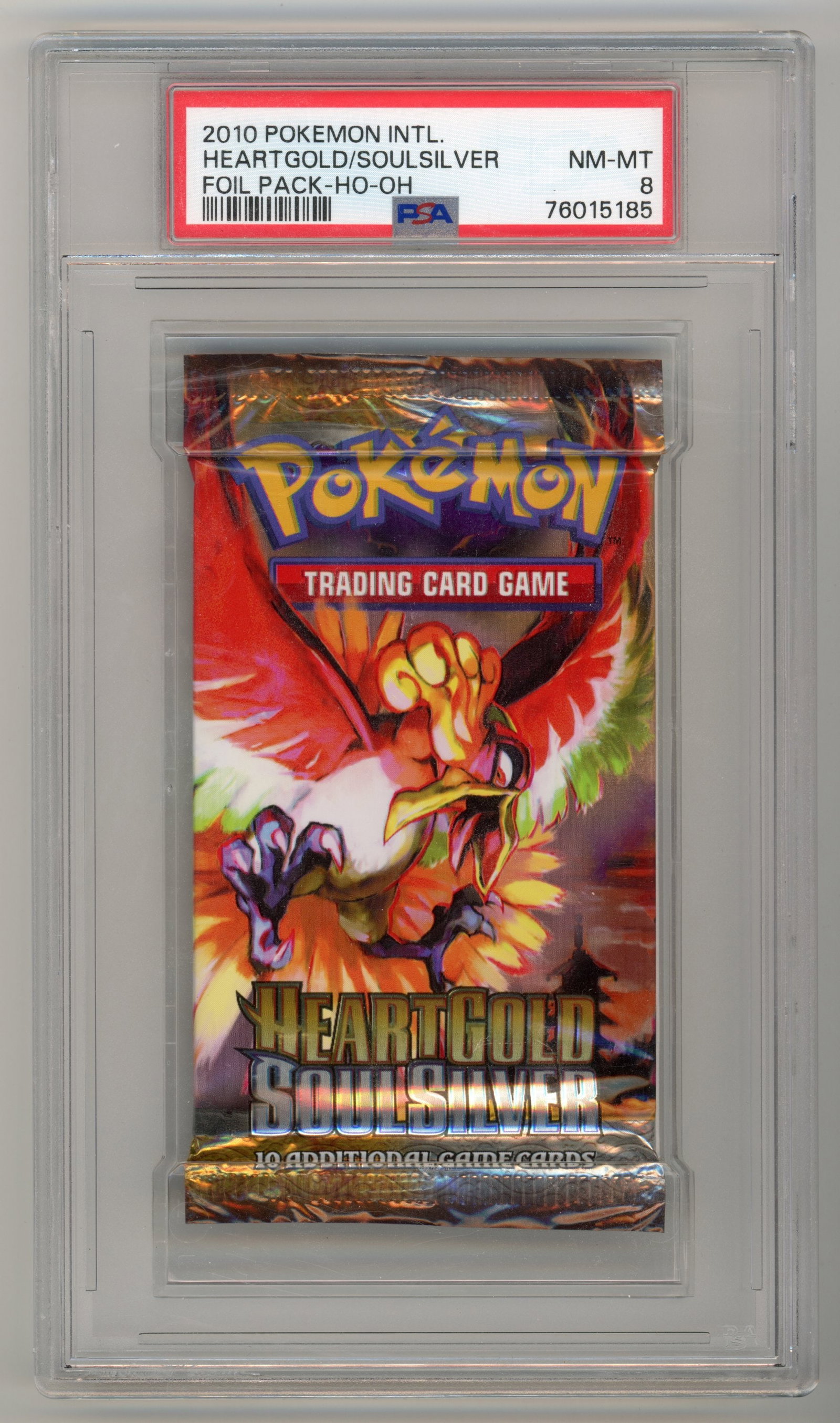 PSA 8 Heart Gold & Soul Silver Booster Pack - Ho-oh Artwork: A NM-MT 8 graded booster pack from the beloved Heart Gold & Soul Silver set, released in 2010.This is a near-perfect example, featuring the beautiful Ho-oh artwork and iconic silver and gold styling.