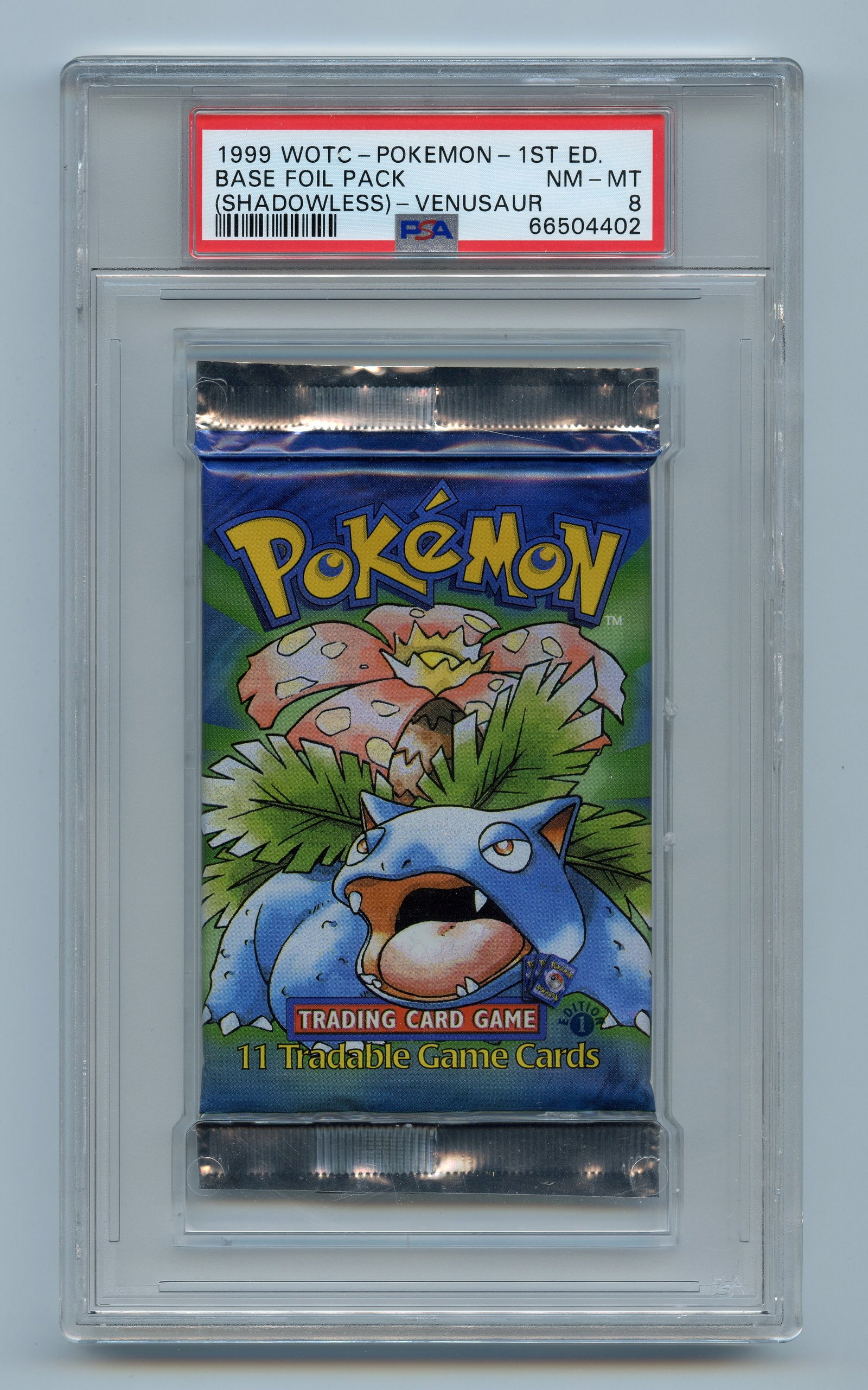PSA 8 Base Set 1st Edition Shadowless Booster Pack - Venusaur Artwork: A PSA NM-MT 8 graded booster pack from the original 1st Edition Shadowless printing of Base Set, released in 1999.This is the pinnacle of sealed vintage product collecting, expertly preserved in a PSA