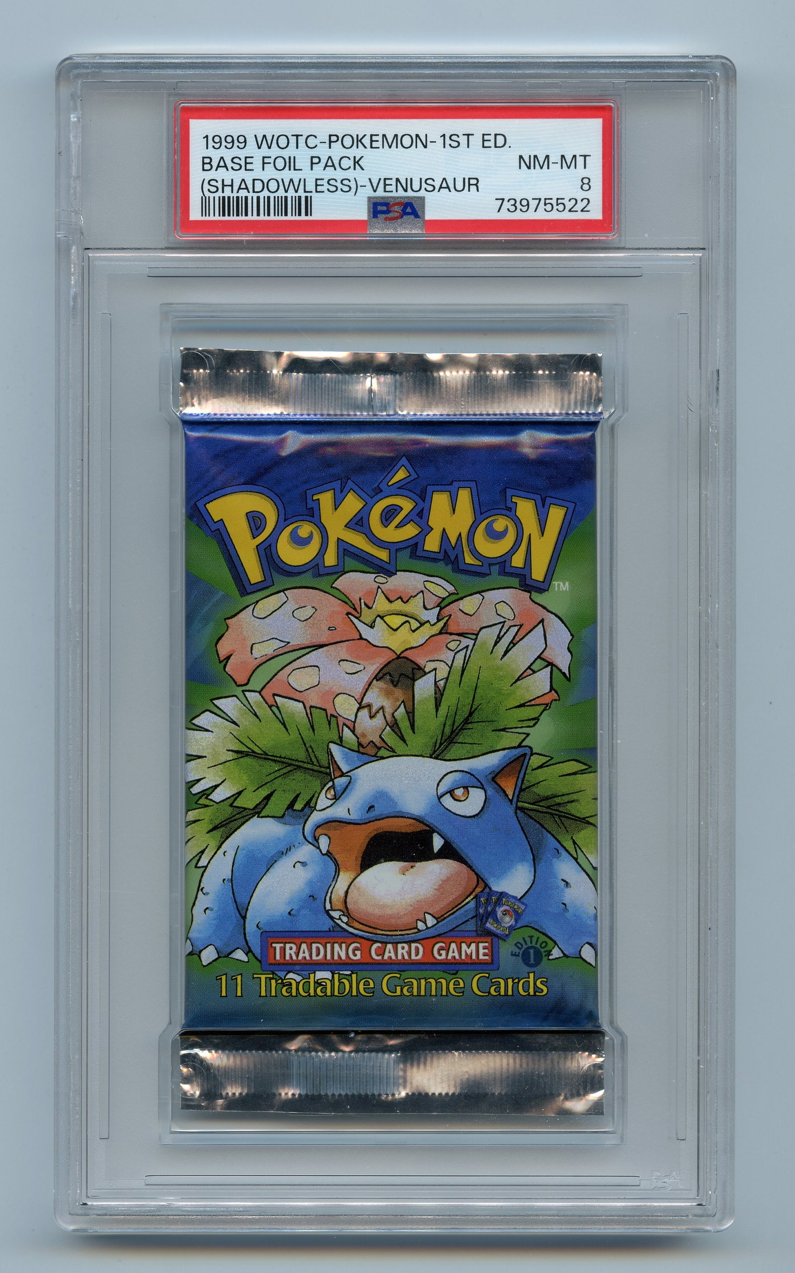 PSA 8 Base Set 1st Edition Shadowless Booster Pack - Venusaur Artwork: A PSA NM-MT 8 graded booster pack from the original 1st Edition Shadowless printing of Base Set, released in 1999.This is the pinnacle of sealed vintage product collecting, expertly preserved in a PSA