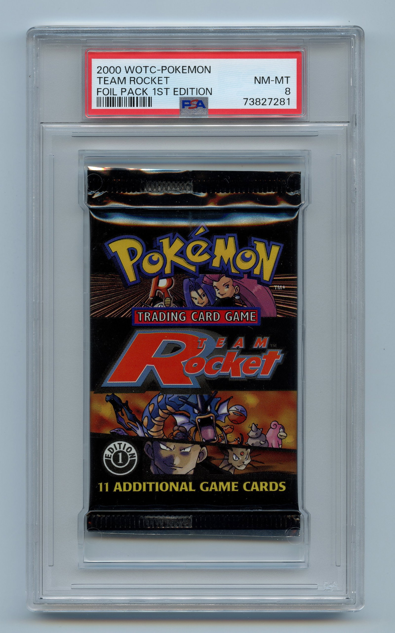 PSA 8 Team Rocket 1st Edition Booster Pack - Mixed Artwork: A NM-MT 8 graded booster pack from the 1st Edition printing of Team Rocket, released in 2000.This stunning example looks factory fresh, and features mixed artworks and the coveted 1st Edition stamp.