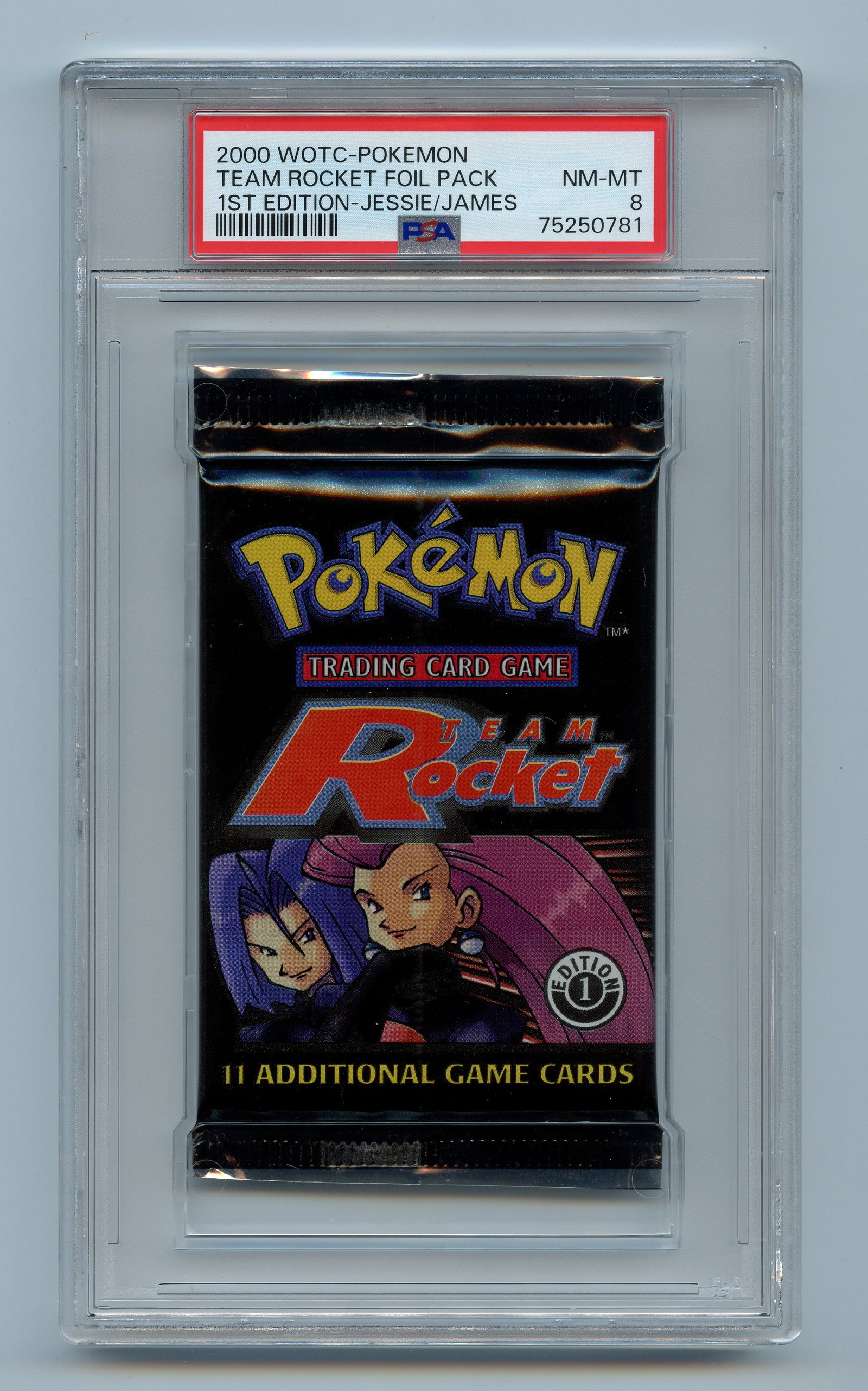 PSA 8 Team Rocket 1st Edition Booster Pack - Jessie & James Artwork: A NM-MT 8 graded booster pack from the 1st Edition printing of Team Rocket, released in 2000.This stunning example looks factory fresh, and features the Jessie & James artworks and the coveted 1st Edi