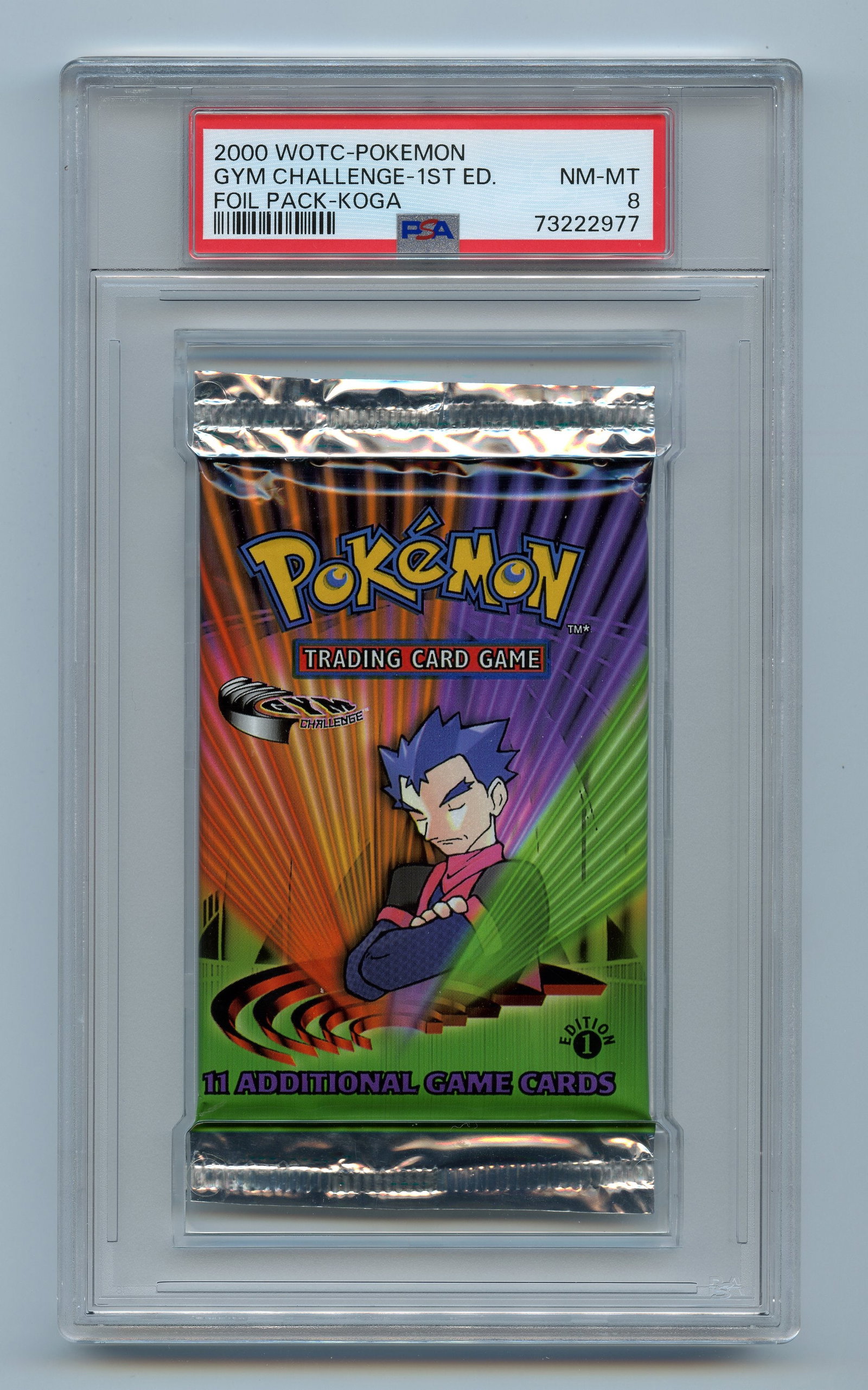 PSA 8 Gym Challenge 1st Edition Booster Pack - Koga Artwork: A NM-MT 8 graded booster pack from the 1st Edition printing of Gym Challenge, released in 2000.This stunning example looks factory fresh, and features the Koga artwork alongside the coveted 1st Editio