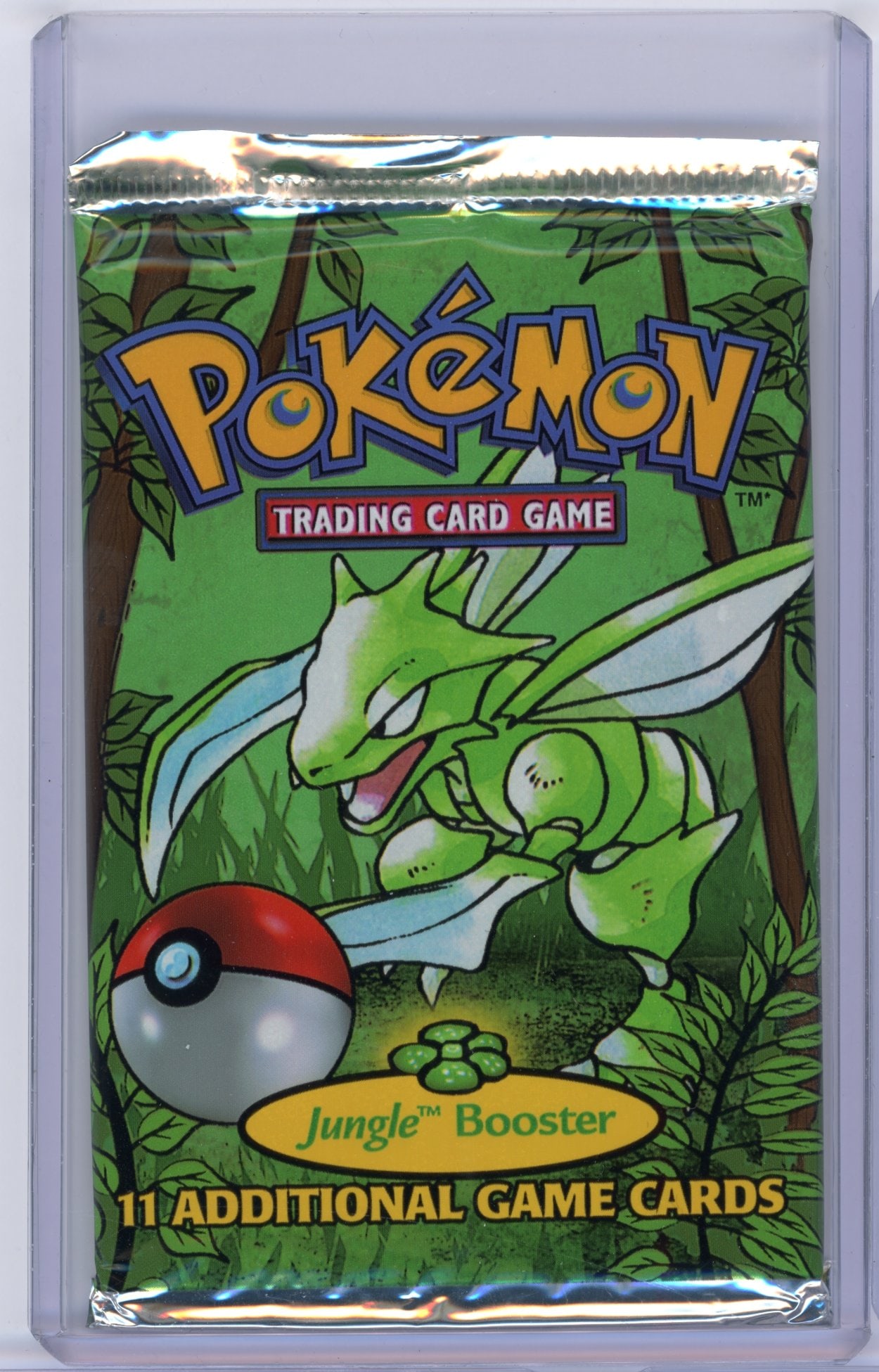 Jungle (1999) Sealed Booster Pack - Scyther Artwork (20.66g): A original 1999 Jungle Sealed Booster Pack, factory sealed and in excellent condition.This pack features the iconic Scyther Artwork, and comes in at 20.66 grams.
