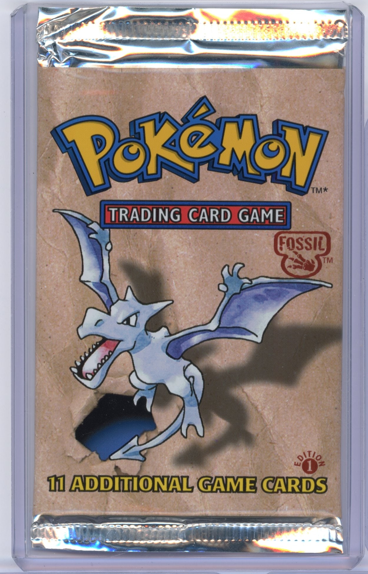 Fossil 1st Edition (1999) Sealed Booster Pack - Aerodactyl Artwork (20.72g): A original 1999 Fossil 1st Edition printing Sealed Booster Pack, factory sealed and in excellent condition.This pack features the iconic Aerodactyl Artwork, and comes in at 20.72 grams.
