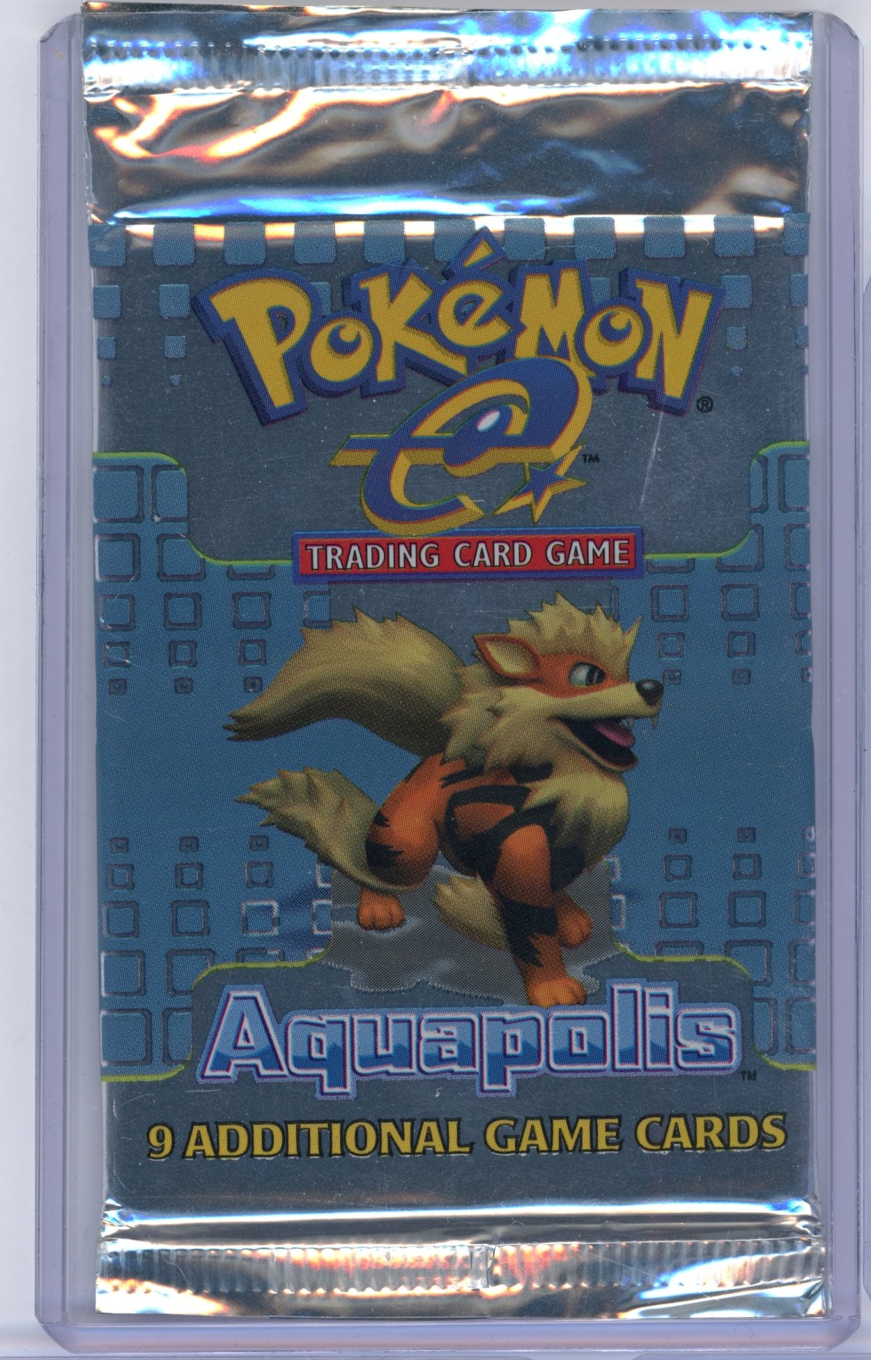 Aquapolis Sealed Booster Pack - Arcanine Artwork (17.57g): An Aquapolis Booster Pack, factory sealed and in good condition with some light scratches on the packet.This pack features the Arcanine artwork, and comes in at 17.57 grams.