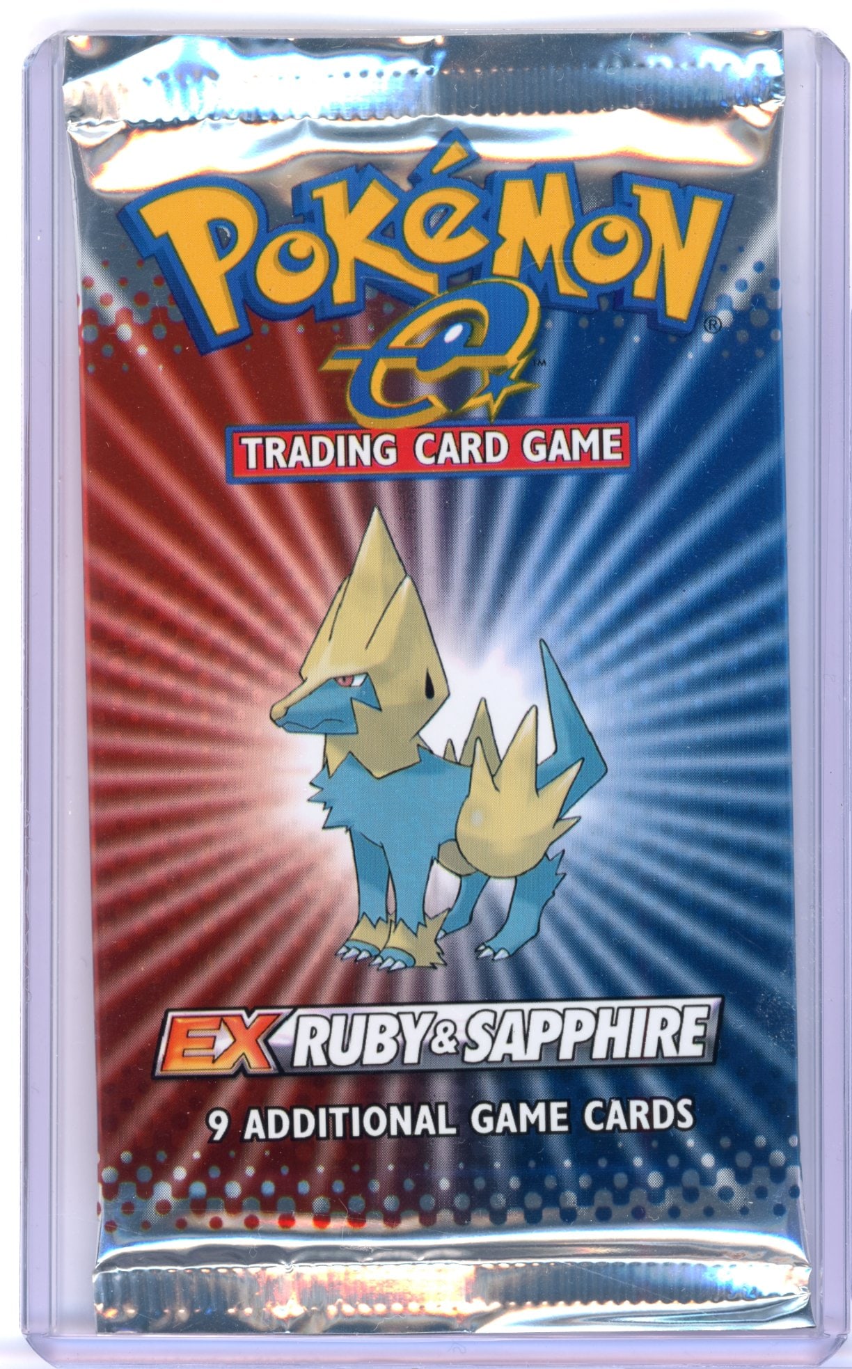 EX Ruby & Sapphire Sealed Booster Pack - Manectric Artwork (17.43g): An EX Ruby & Sapphire Sealed Booster Pack, factory sealed and in excellent condition.This pack features the Manectric Artwork, and comes in at 17.43 grams.