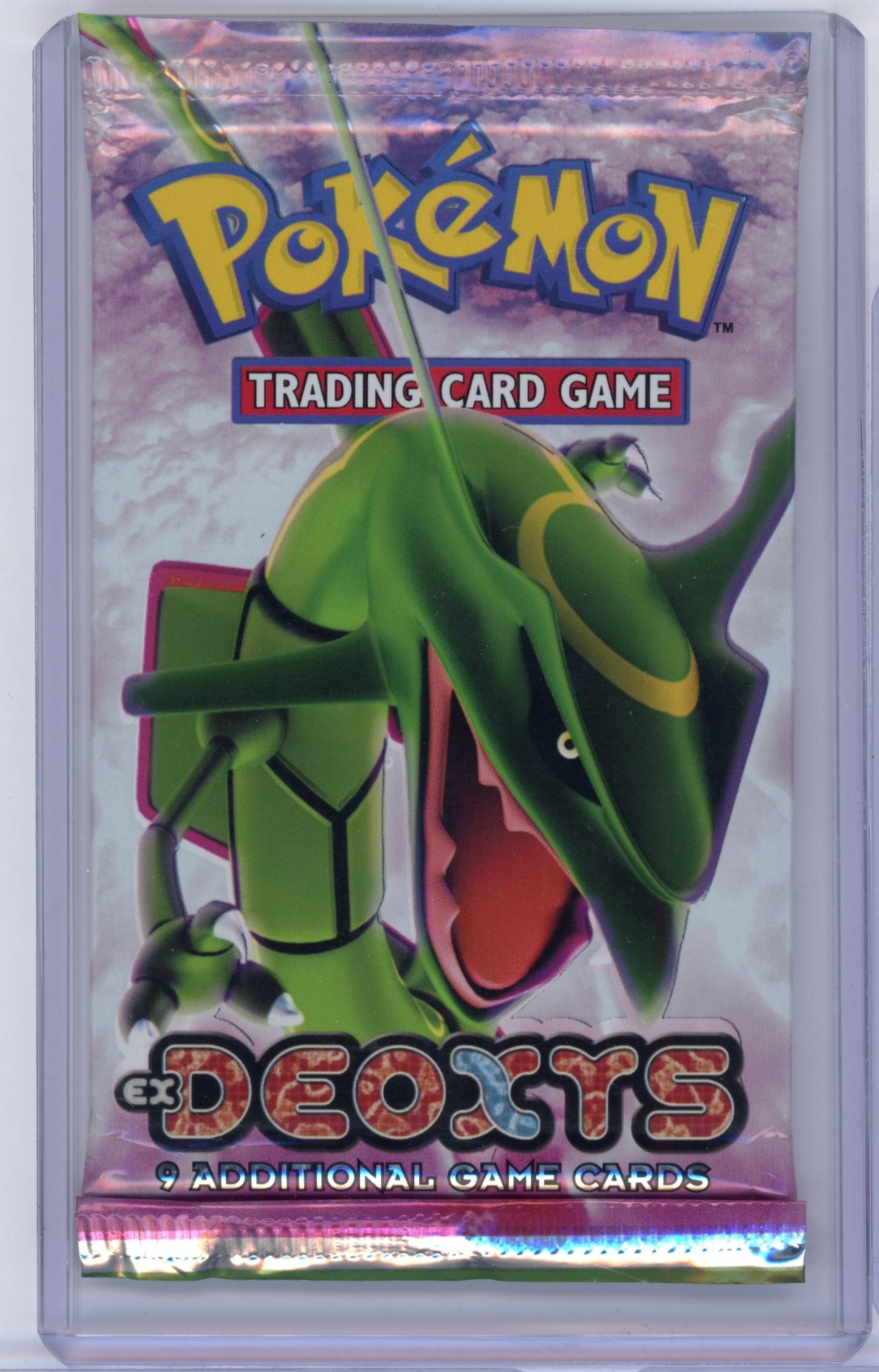EX Deoxys Sealed Booster Pack - Rayquaza Artwork (17.50g): An EX Deoxys Sealed Booster Pack, factory sealed and in excellent condition.This pack features the Rayquaza Artwork, and comes in at 17.50 grams.