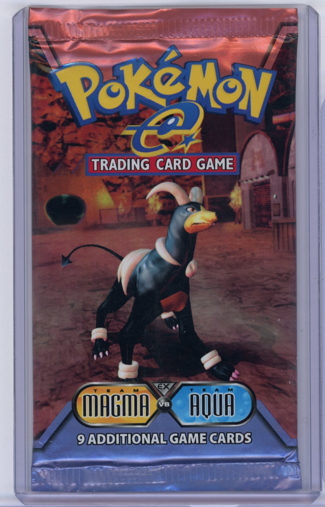 EX Magma vs Aqua Sealed Booster Pack - Houndoom Artwork (17.46g): An EX Magma vs Aqua Sealed Booster Pack, factory sealed and in excellent condition.This pack features the Houndoom Artwork, and comes in at 17.46 grams.