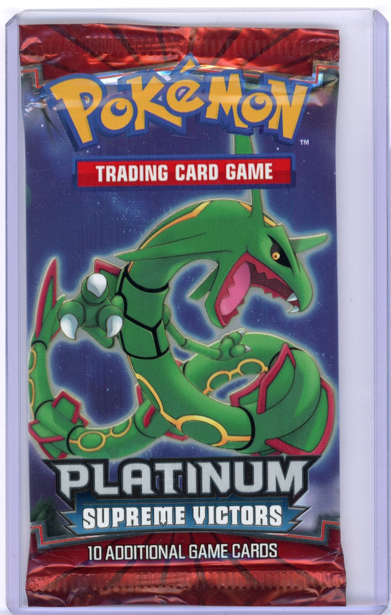 Platinum Supreme Victors Sealed Booster Pack - Rayquaza Artwork: A Platinum Supreme Victors Sealed Booster Pack, factory sealed and in excellent condition.This pack features the Rayquaza Artwork.