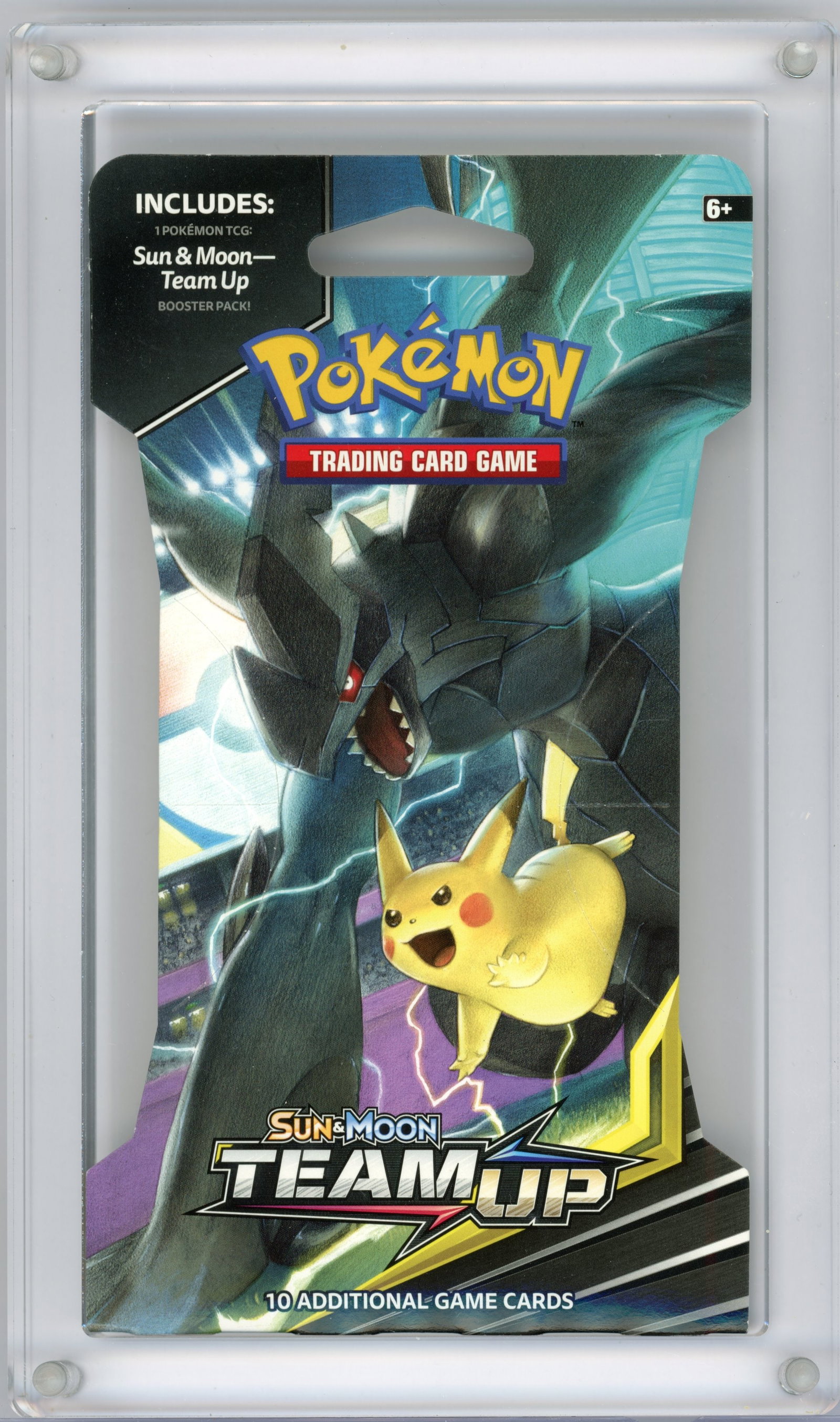 Sun & Moon Team Up Sealed Single Pack Blister (Pikachu/Zekrom Artwork): A Sun & Moon Team Up Single Pack Blister, factory sealed. This pack features the Pikachu and Zekrom artwork and comes with a fitted acrylic case for protection and display.This set includes unmatched 