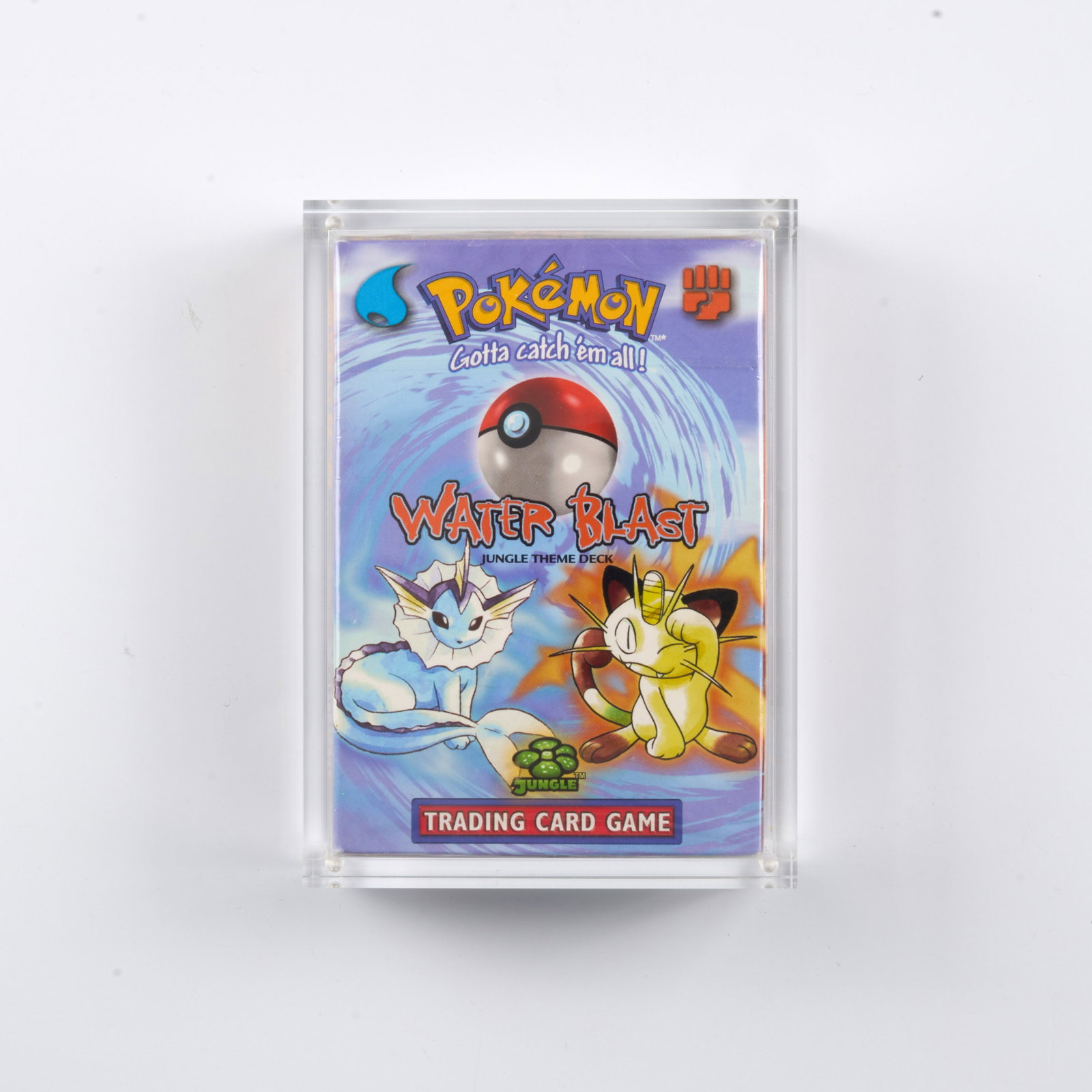Water Blast Theme Deck - Factory Sealed Inc. Acrylic Case: A factor sealed 'Water Blast' Theme Deck, which includes a 60-card deck, damage counters, a custom coin, a rulebook, and a card list. Released June 16, 1999. This is a good example, looking bright and
