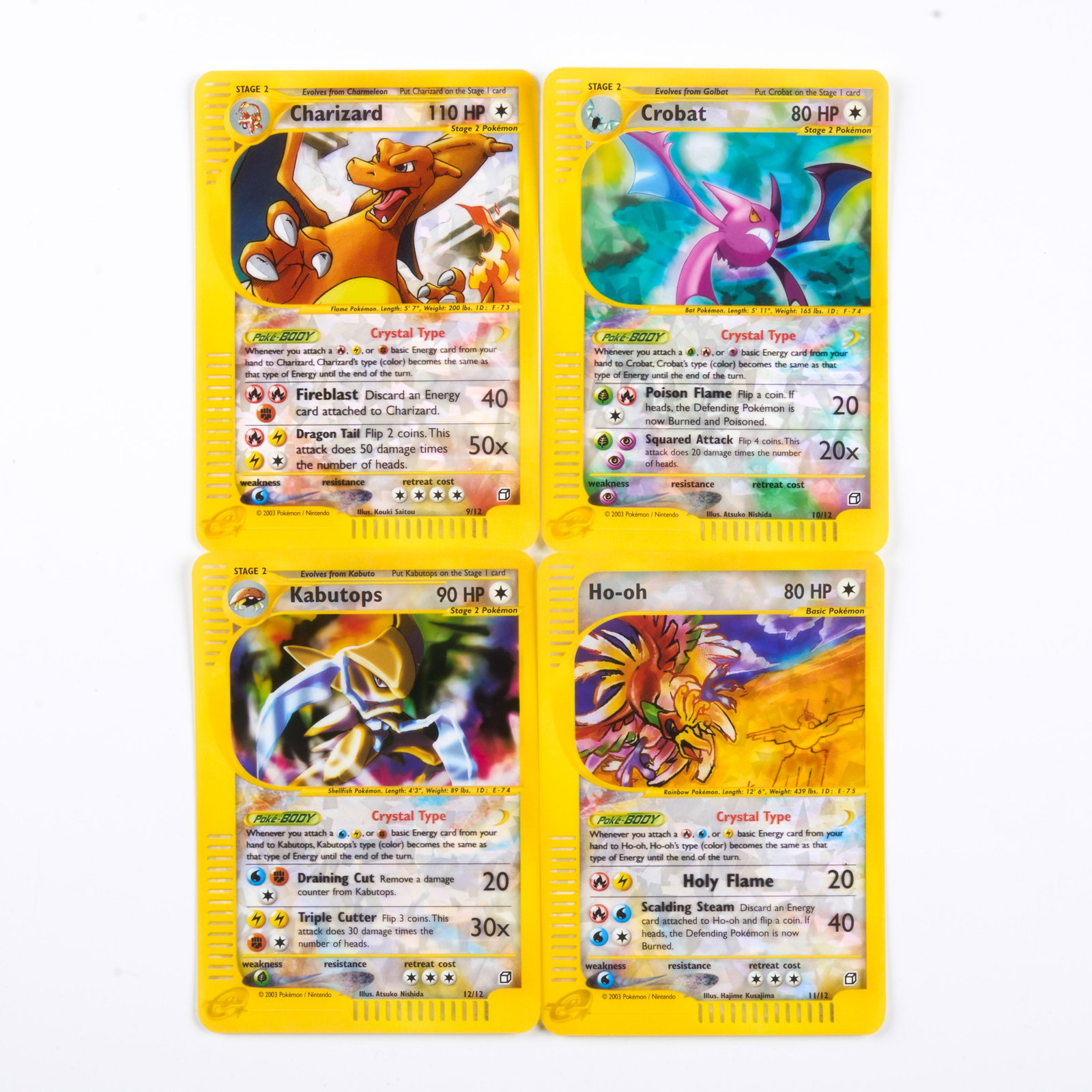 E-Series Crystal Box Topper Set Charizard // Crobat // Kabutops // Ho-oh: All x4 of the 'Crystal' Pokemon box-toppers from Skyridge, in Near Mint condition. These stunning oversized cards came with booster boxes of the fan-favourite Skyridge expansion and have been carefull
