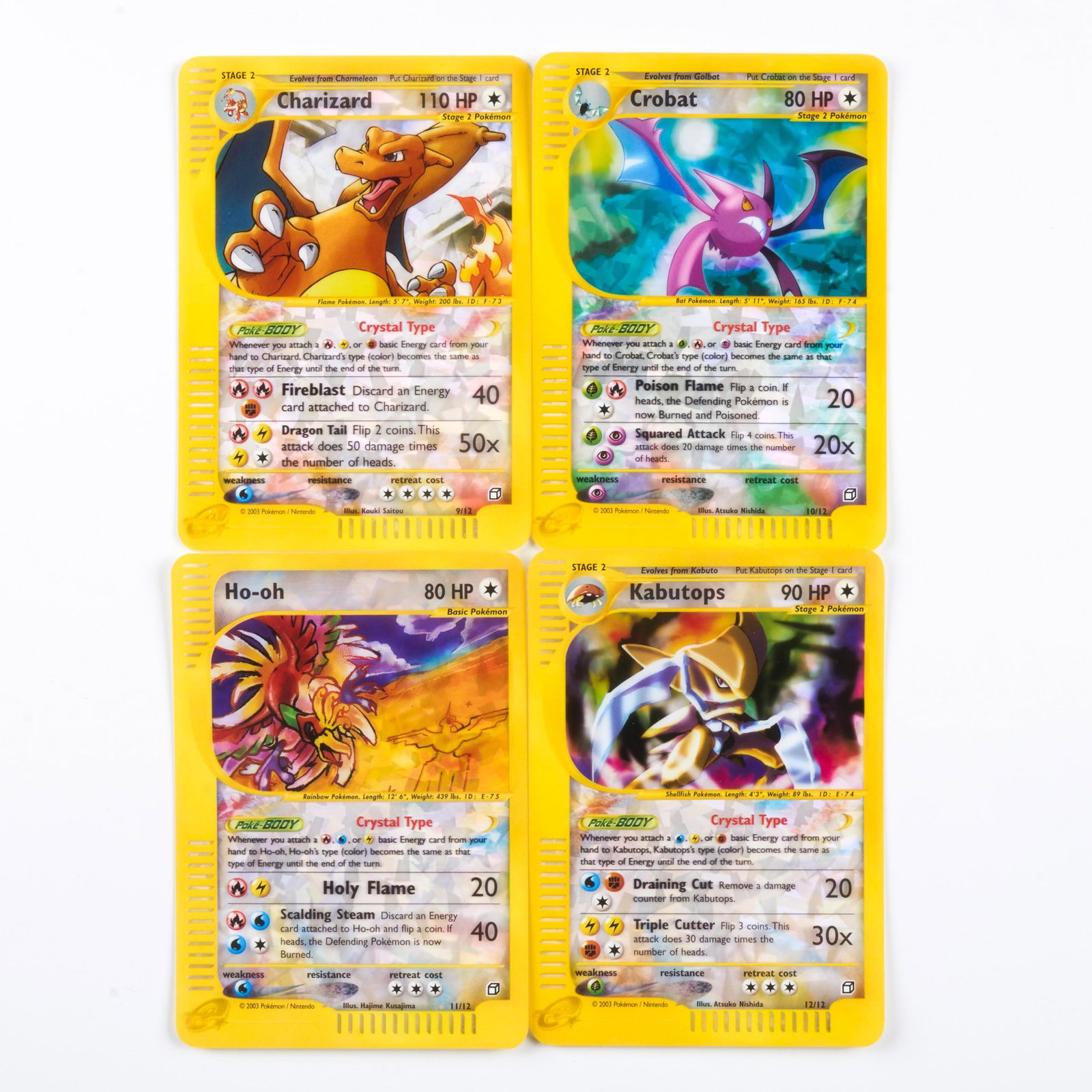 E-Series Crystal Box Topper Set Charizard // Crobat // Kabutops // Ho-oh: All x4 of the 'Crystal' Pokemon box-toppers from Skyridge, in Near Mint condition. These stunning oversized cards came with booster boxes of the fan-favourite Skyridge expansion and have been carefull
