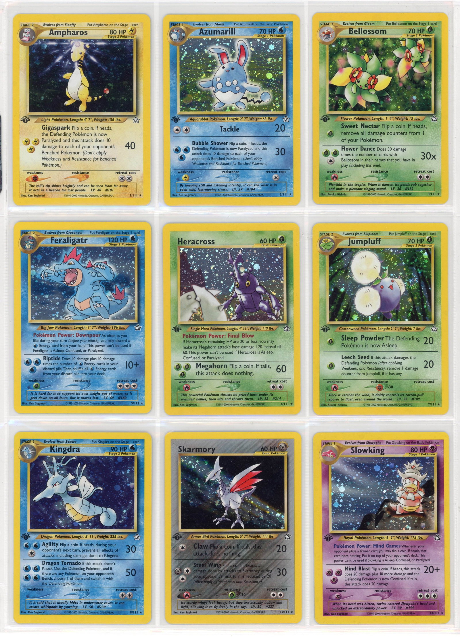 Neo Genesis 1st Edition/Unlimited x11 Holo Collection. -Avg. Condition NM: A collection of x11 1st Edition and Unlimited holos from the Neo Genesis set, the first main expansion of cards from the Neo Series released December 16, 2000. The average condition of the cards is Ne