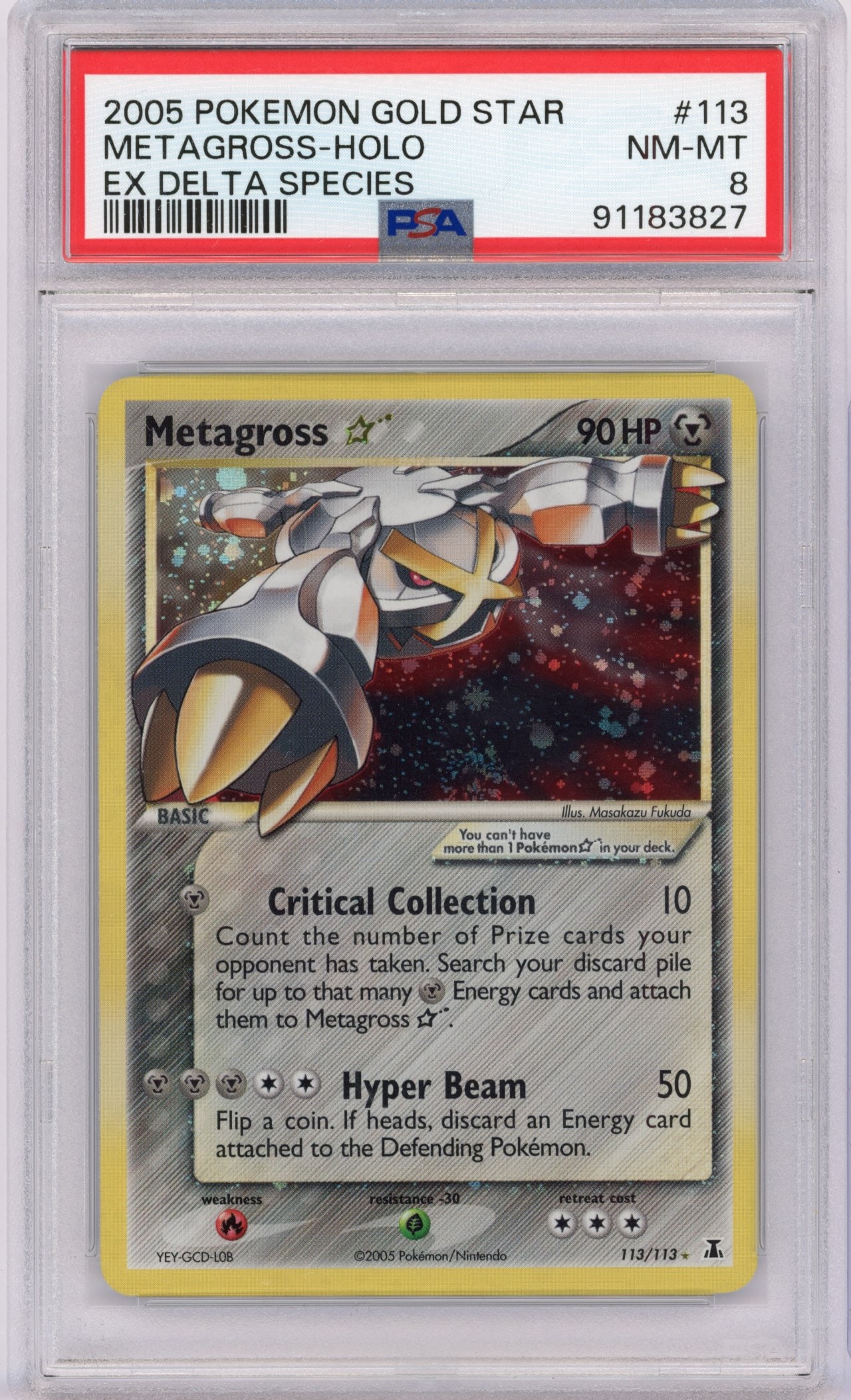 PSA 8 Metagross Gold Star #113 (2005) EX Delta Species: With a population report of roughly 250 examples this Metagross Gold Star #113 from the 2005 EX Delta Species expansion has been authenticated and graded by PSA and awarded a Near Mint/Mint 8. Coming 