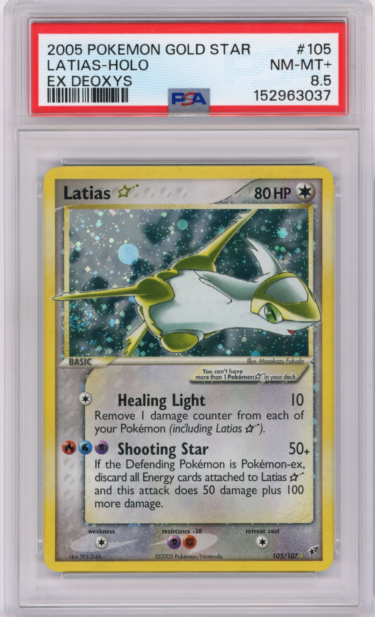 PSA 8.5 Latias Gold Star #105 (2005) EX Deoxys (POP 19): With a incredibly population of just 19 copies this PSA 8.5 Latias Gold Star is a phenominal addition to anyones collection. Graded very recently this example from the 2005 EX Deoxys expansion has a f