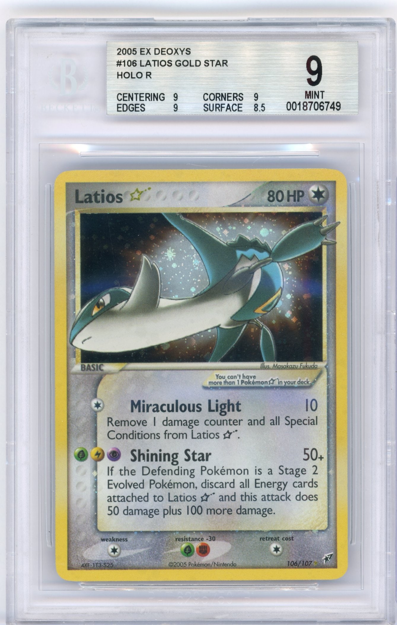 BGS 9 Latios Gold Star #106 (2005) EX Deoxys: Beckett (BGS) has always held a ridiculously high standard when it comes to grading cards - this example of a Latios Gold Star from the 2005 EX DEOXYS expansion has exceptional sub grades: Centering 9