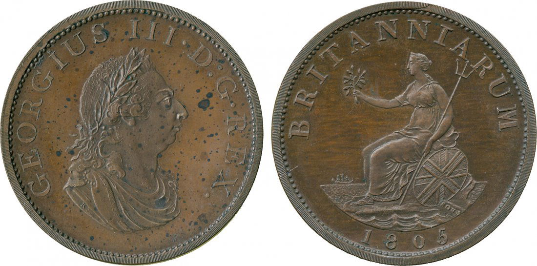 BRITISH COINS. George III, Restrike Pattern Halfpenny,: BRITISH COINS. George III, Restrike Pattern Halfpenny, 1805, by W J Taylor, struck in copper, laureate and draped bust right, rev Britannia seated left, date below, edge plain (Peck 1309 R91). Spotted