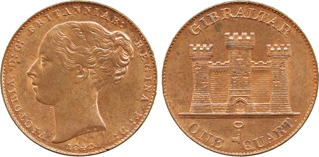 COINS, GIBRALTAR Victoria (1837-1901), Copper Quart,: COINS, GIBRALTAR Victoria (1837-1901), Copper Quart, 1842/0 (Pr 6; KM 2). Uncirculated with much original lustre. £150-200