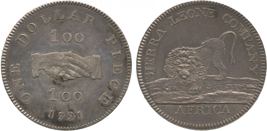 WORLD COINS, SIERRA LEONE Silver Dollar, 1791, 36.2mm: WORLD COINS, SIERRA LEONE Silver Dollar, 1791, 36.2mm (FT 2; KM 6). About extremely fine. ex Arielle Collection, Baldwin’s Auction 85, September 2013, lot 3252 £1500-1800