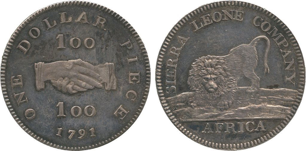 WORLD COINS, SIERRA LEONE Silver Proof Dollar, 1791,: WORLD COINS, SIERRA LEONE Silver Proof Dollar, 1791, 36.2mm, struck for Boulton’s customers between 1793-1799 (FT 2A; KM 6). Attractively toned, tiny edge knocks, otherwise brilliant about uncircula