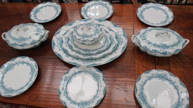 Part dinner service by Godwins of Corbridge in green Ty: Part dinner service by Godwins of Corbridge in green Tyrol pattern; 3 meat plates, 3 covered meat dishes and a sauce tureen with six plates.