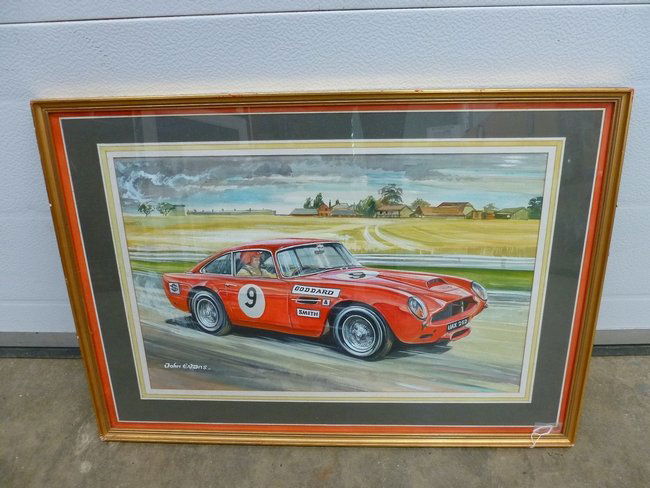John Evans, Red Aston Martin racing watercolour. 34x53c: John Evans, Red Aston Martin racing watercolour. 34x53cm.