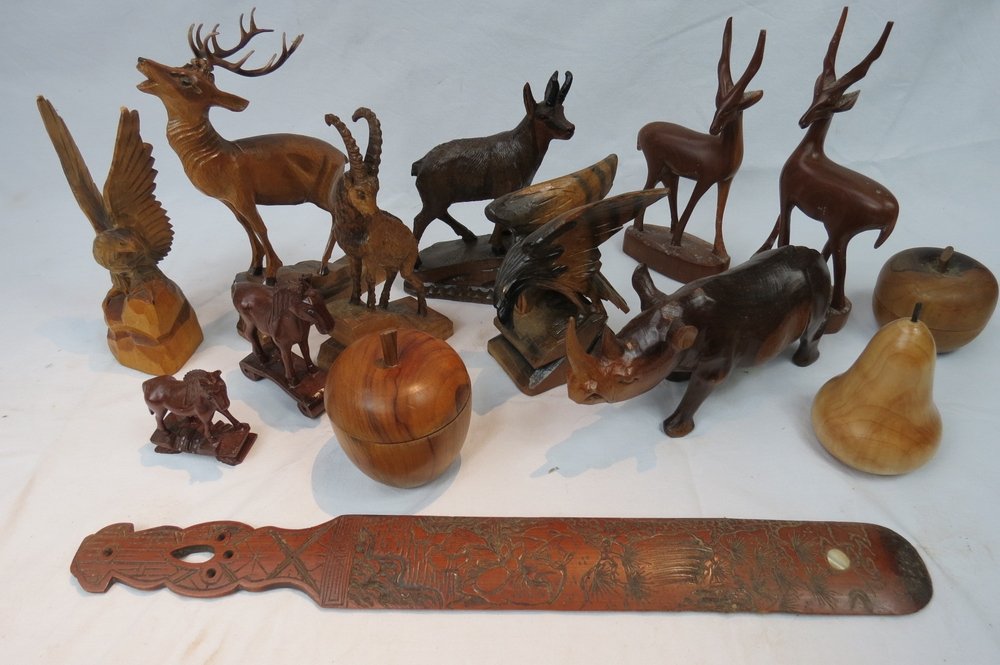 A Black Forest carved chamois and ibex a: A Black Forest carved chamois and ibex also eight other figures, carved fruit etc. 14 items