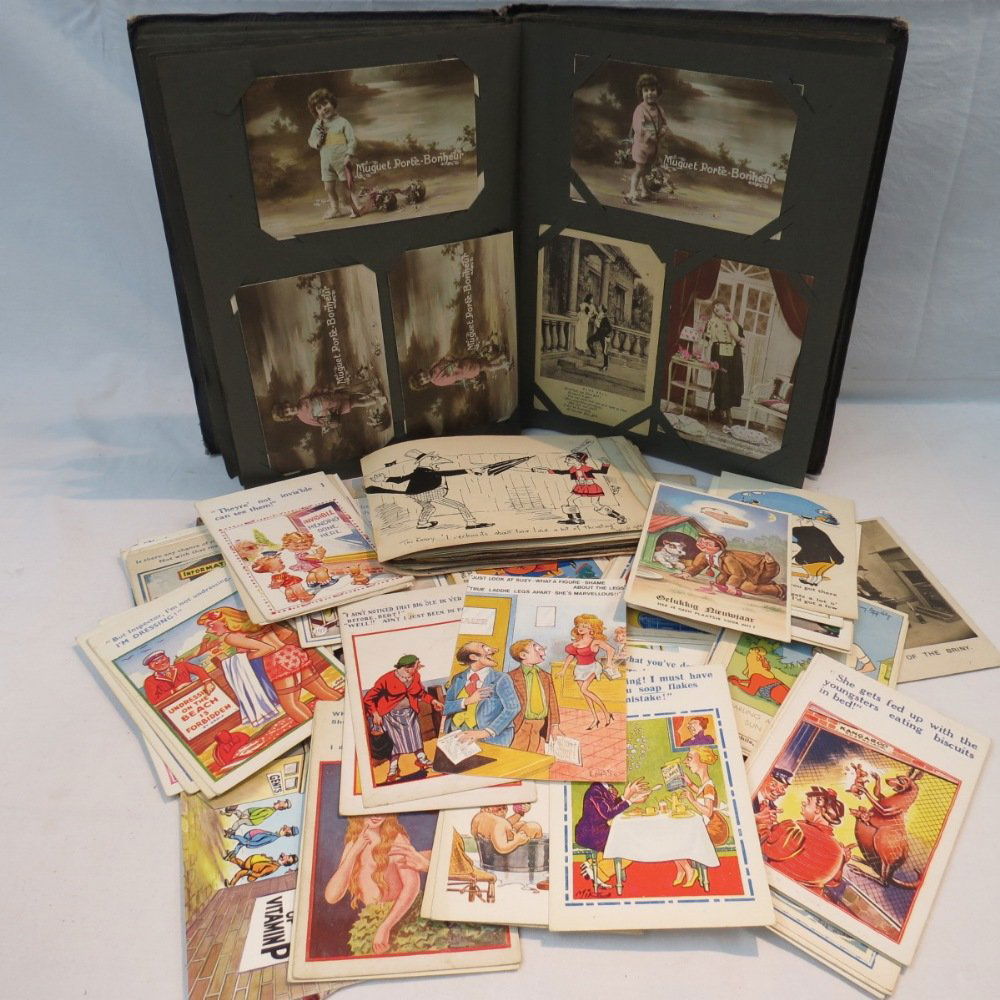 A quantity of seaside postcards includin: A quantity of seaside postcards including works by Donald McGill, together with a quantity of other postcard both loose and within an album and an autograph book containing humorous sketches relating