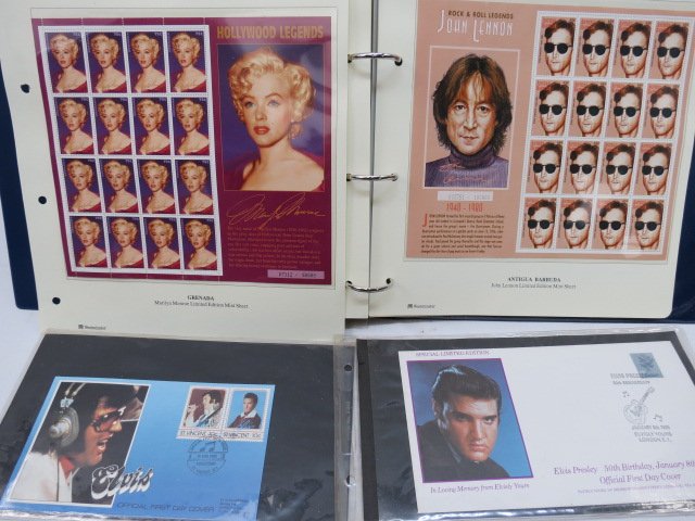 World stamp selection of covers and sheets of film: World stamp selection of covers and sheets of film stars, Marilyn Monroe, Elvis, John Lennon noted. 23 covers and 15 mini sheets.