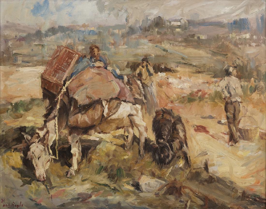 ADELINO ANGELO (b.1931) - (Landscape with farmers and a: Oil on platex, signed. Dim.: 46x59 cm.